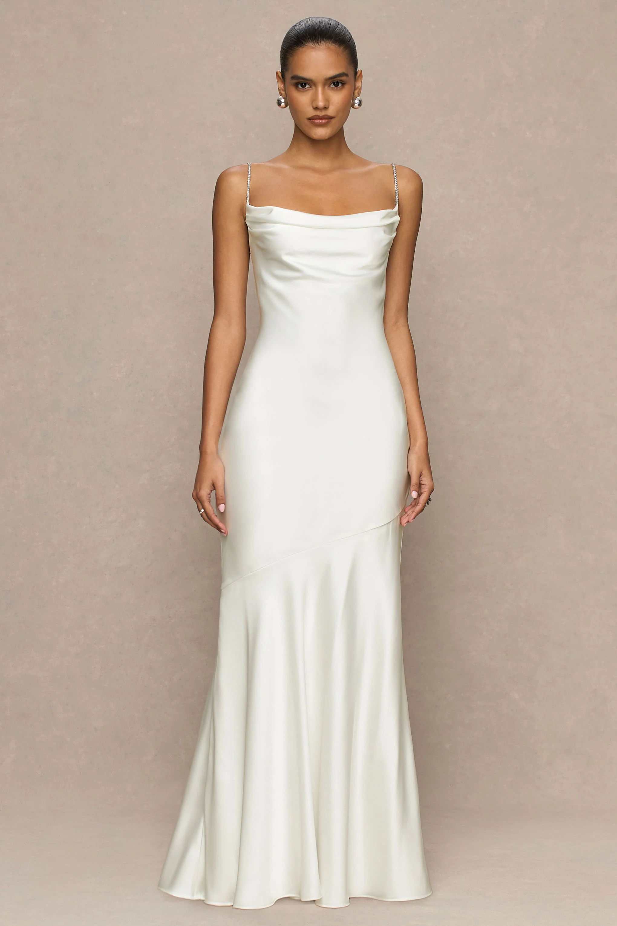 Maelia | Cream Satin Cowl-Neck Maxi Dress With Diamante Straps