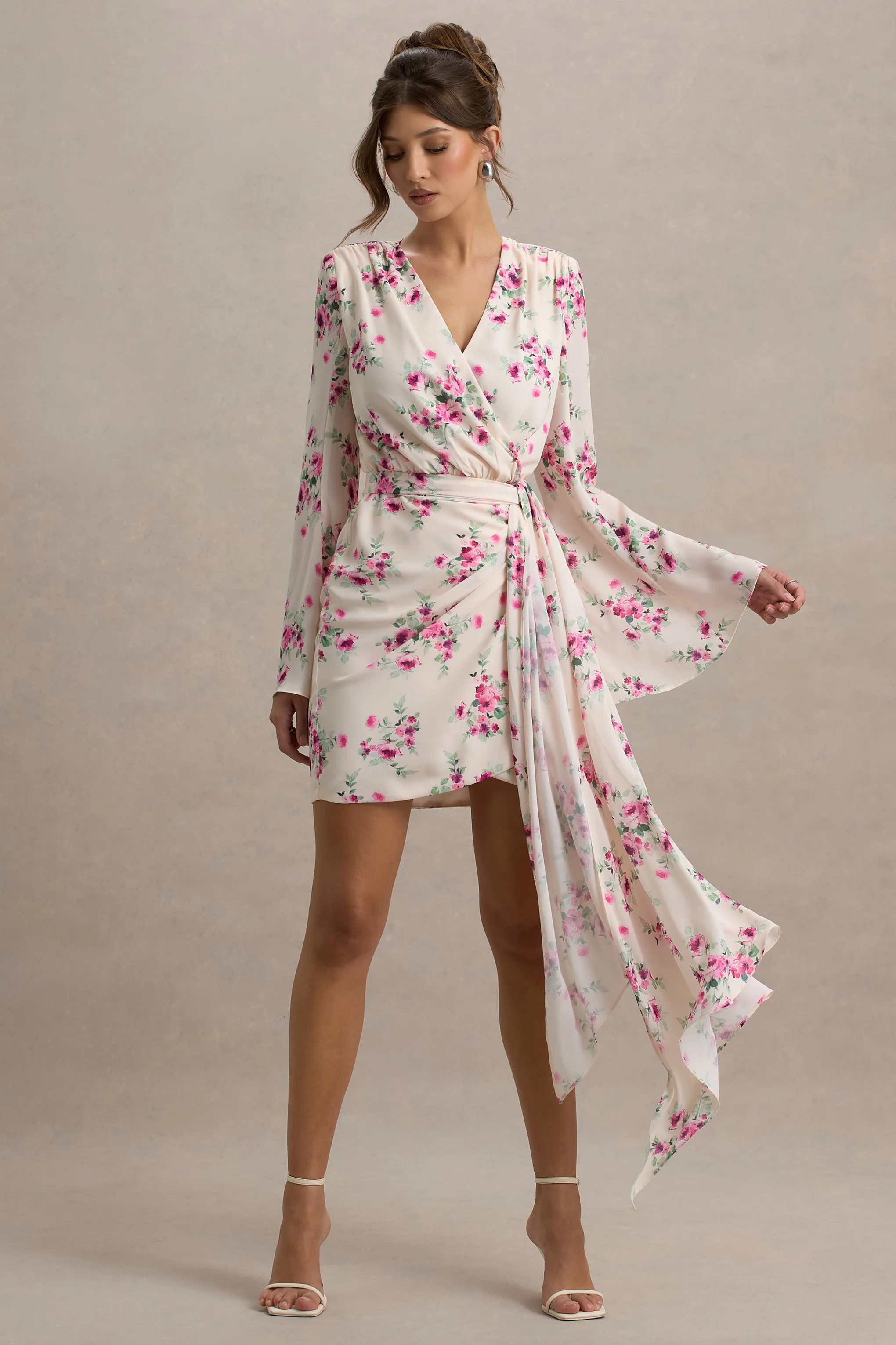 Goldie | Cream Floral Print Chiffon Long-Sleeve Wrap Mini Dress