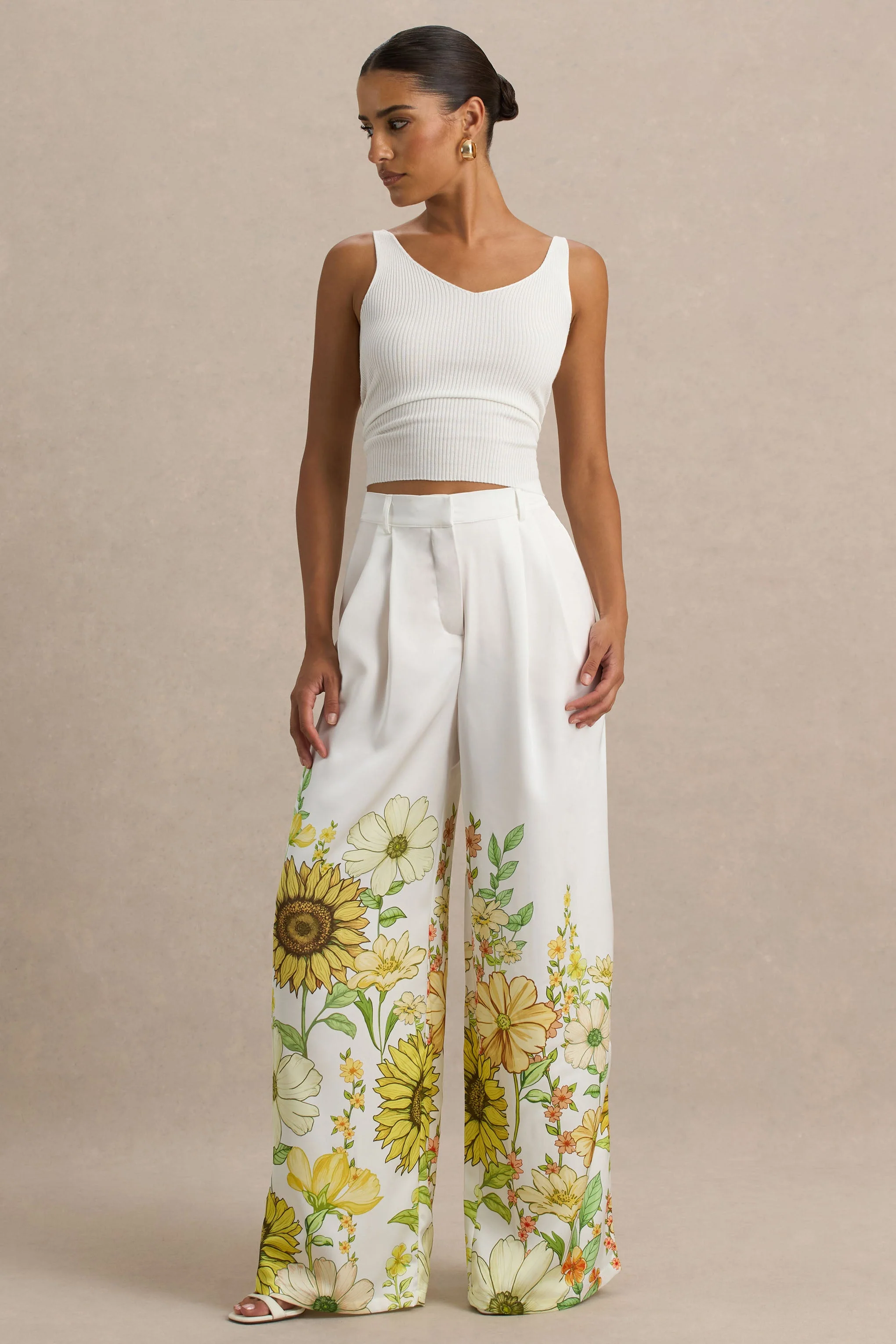 Louise | Sunflower Print Wide-Leg Trousers