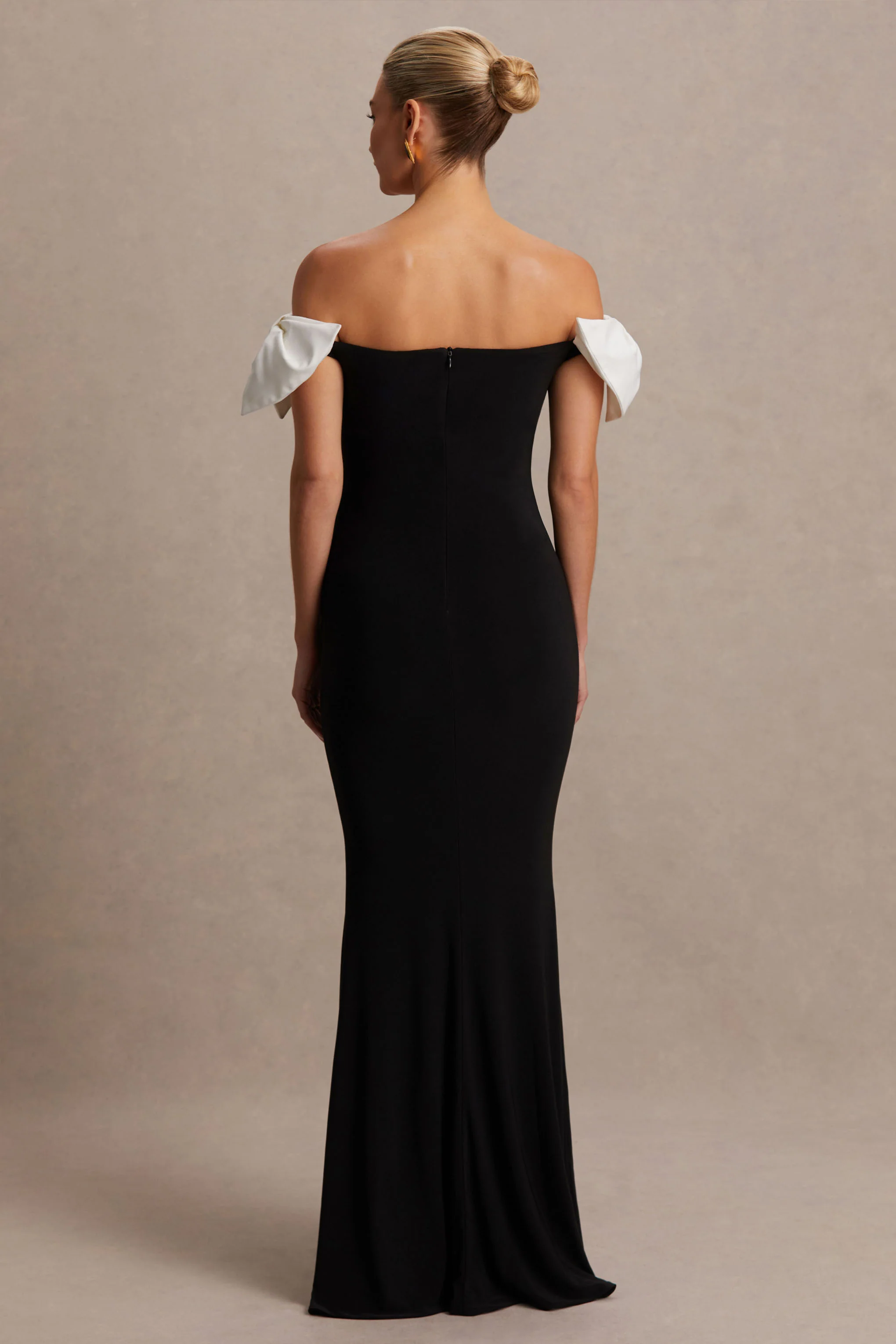 Didi | Black & White Bardot Bow Detail Maternity Maxi Dress