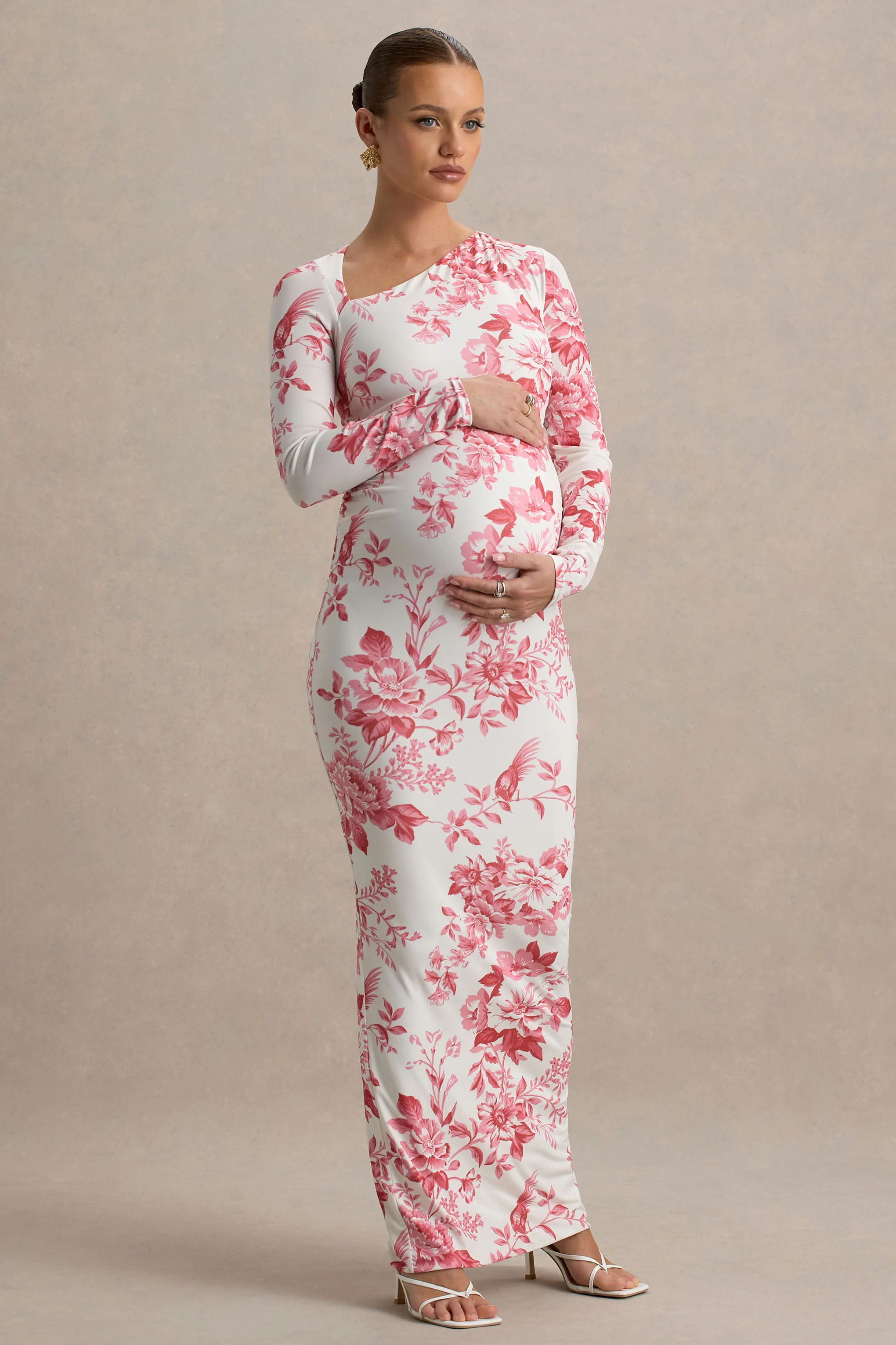 Vanette | Pink Floral Print Asymmetric Long-Sleeve Maternity Maxi Dress