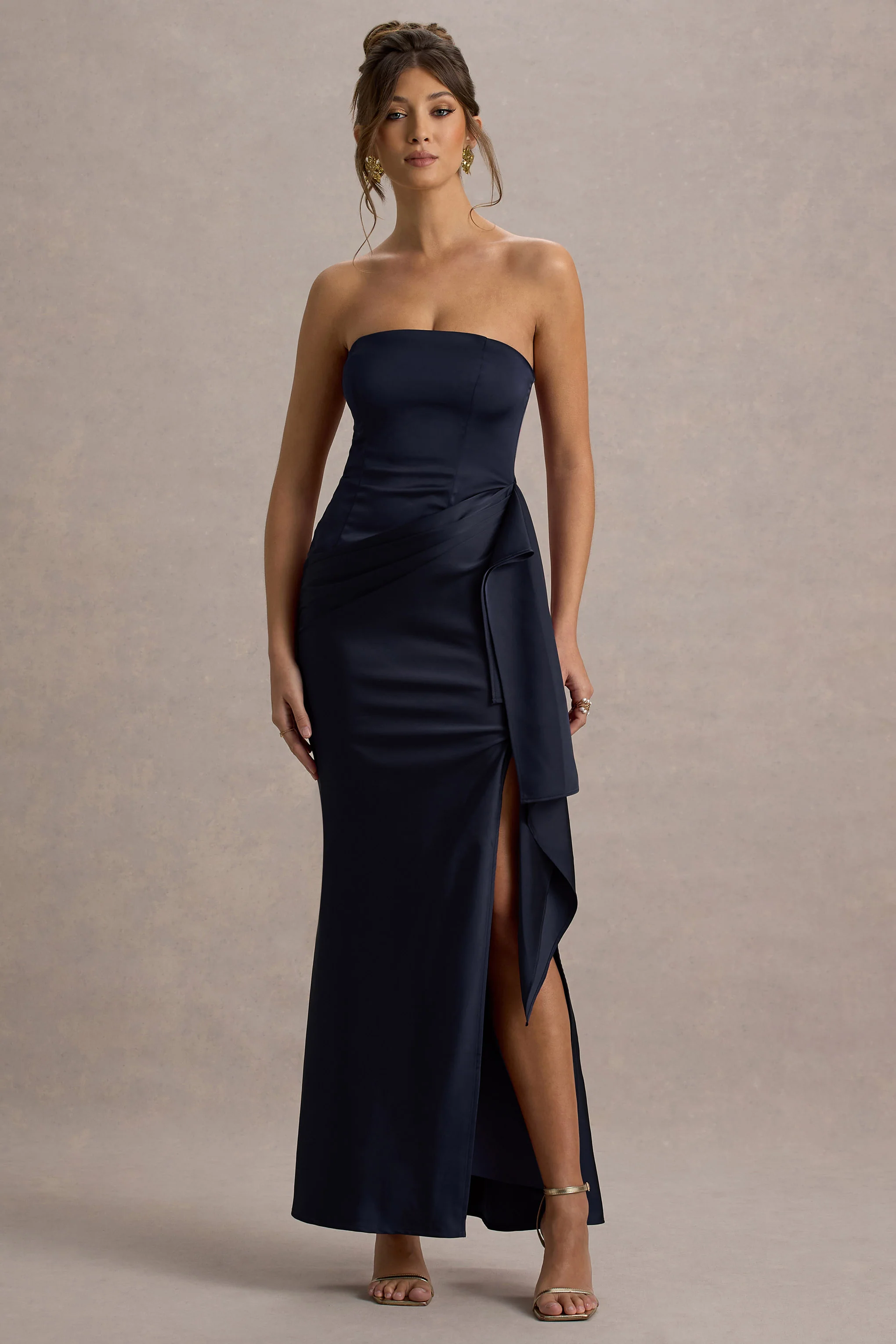 Loz | Navy Satin Bandeau Draped Maxi Dress