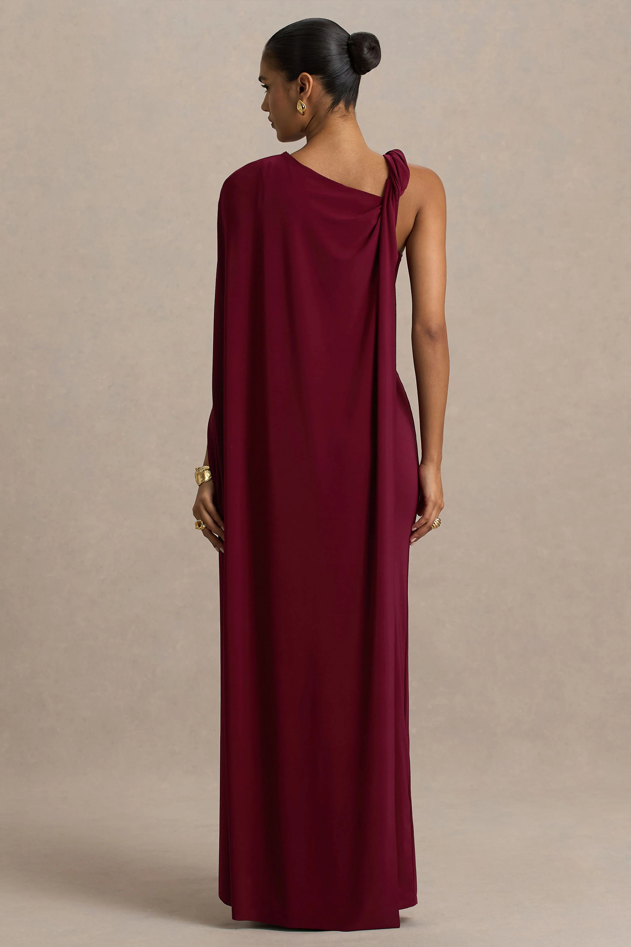 Cressida | Burgundy Asymmetric-Neck Maxi Dress With Cape