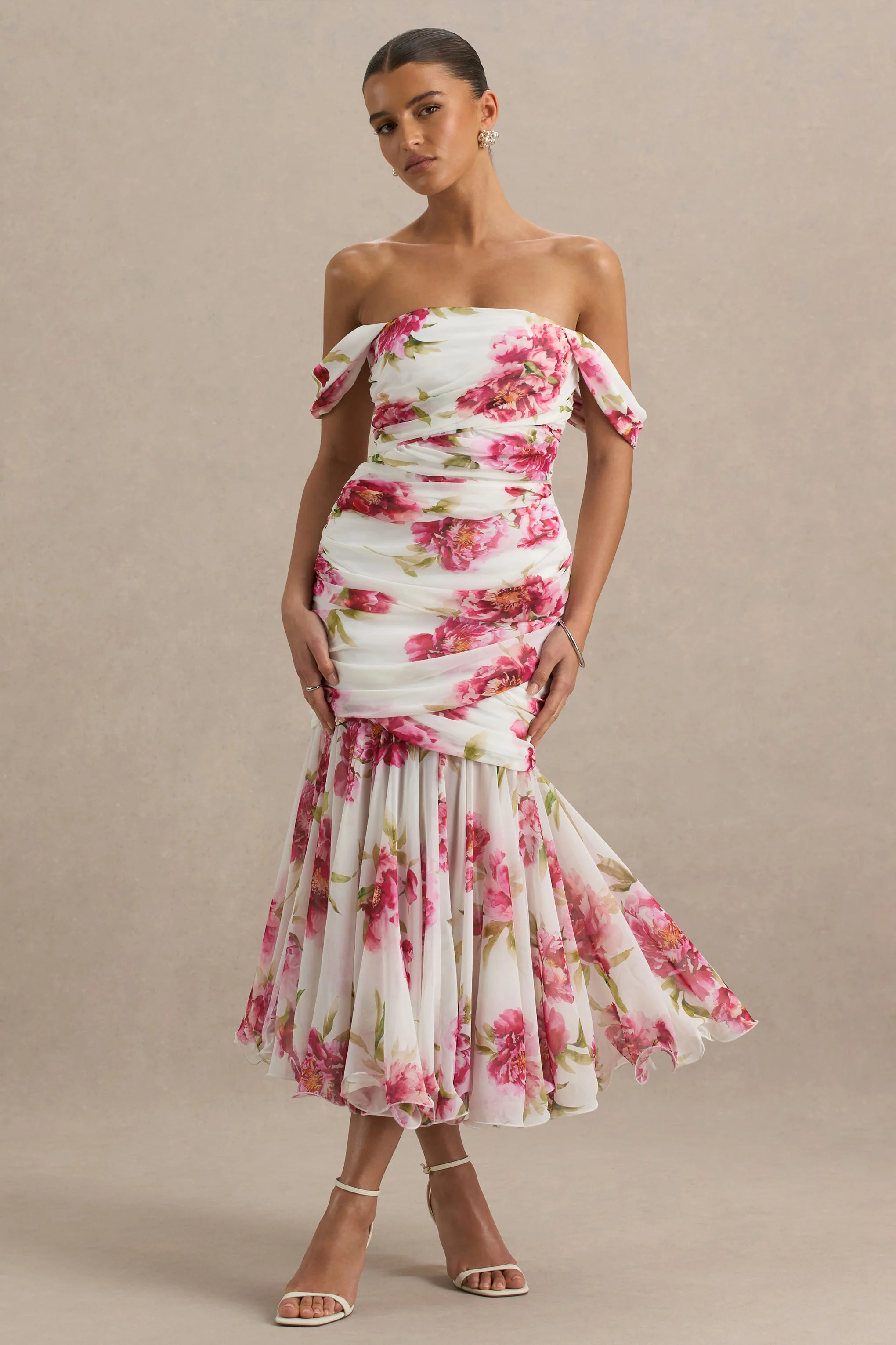 Madelyn | Cream Floral Print Short-Sleeve Bardot Wrap Maxi Dress With Ruching