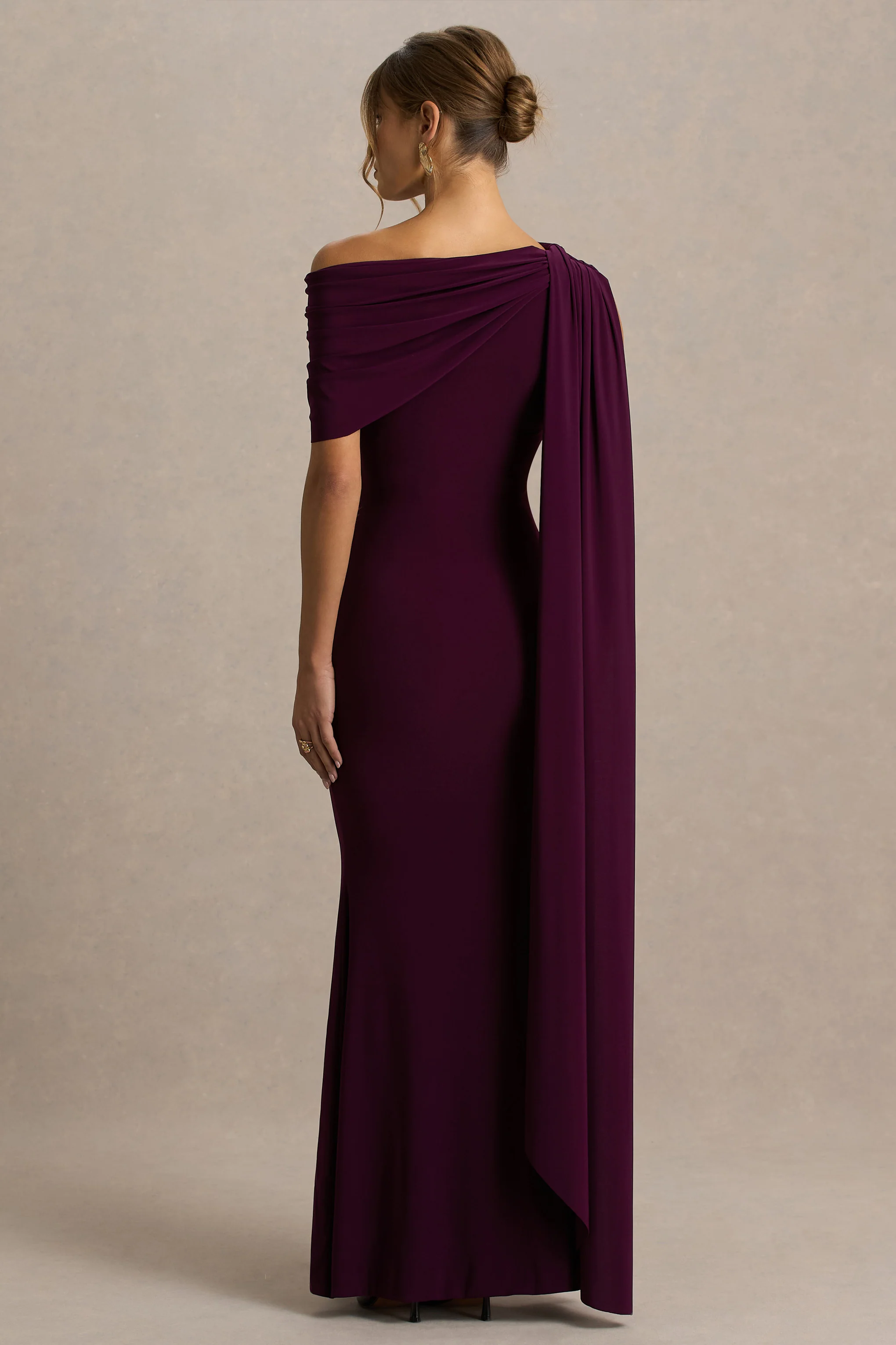 Tiana | Dark Plum Asymmetric-Neck Maxi Dress With Draped Detail