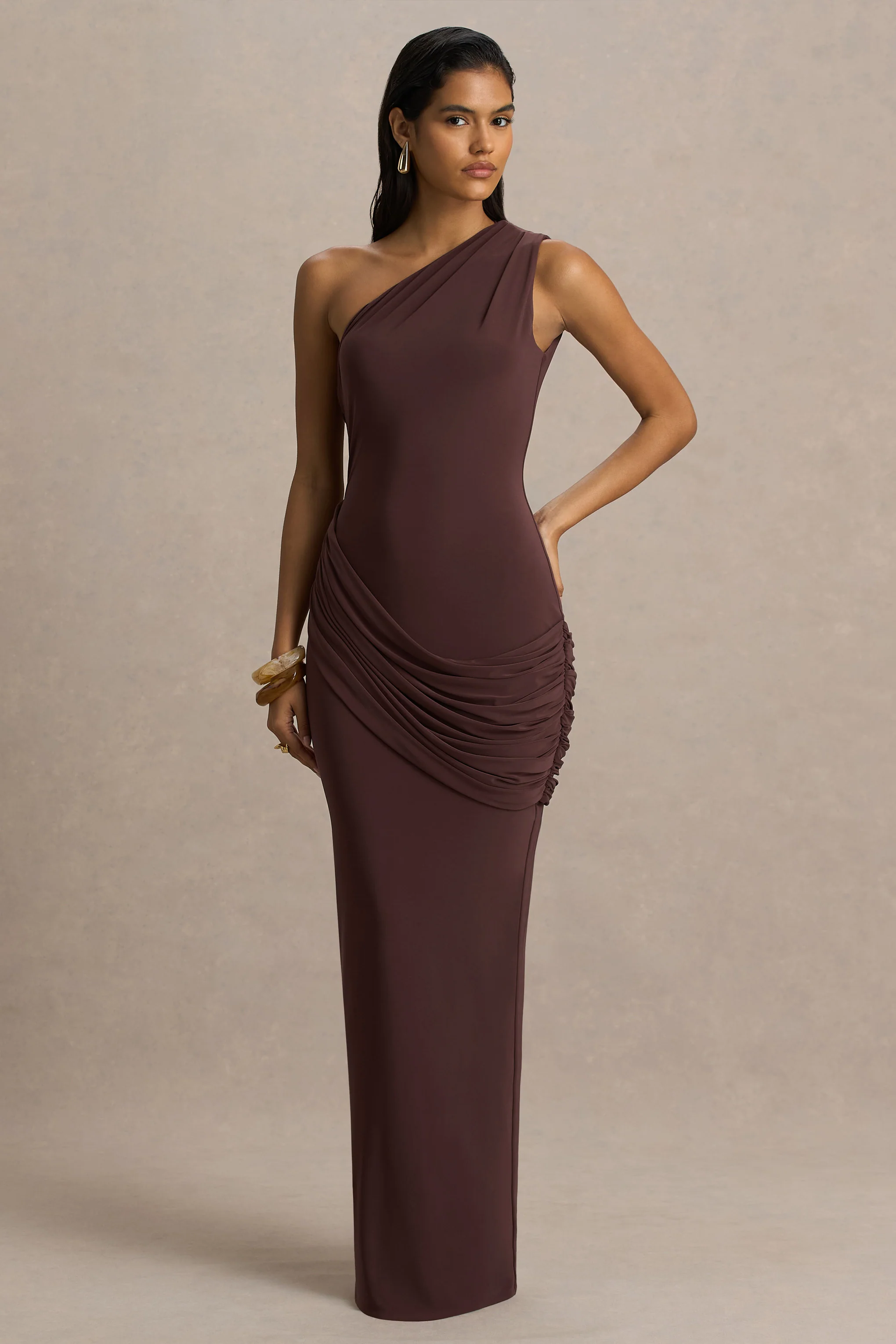 Elisa | Brown Asymmetric-Neck Maxi Dress With Open-Back And Ruched Detailing