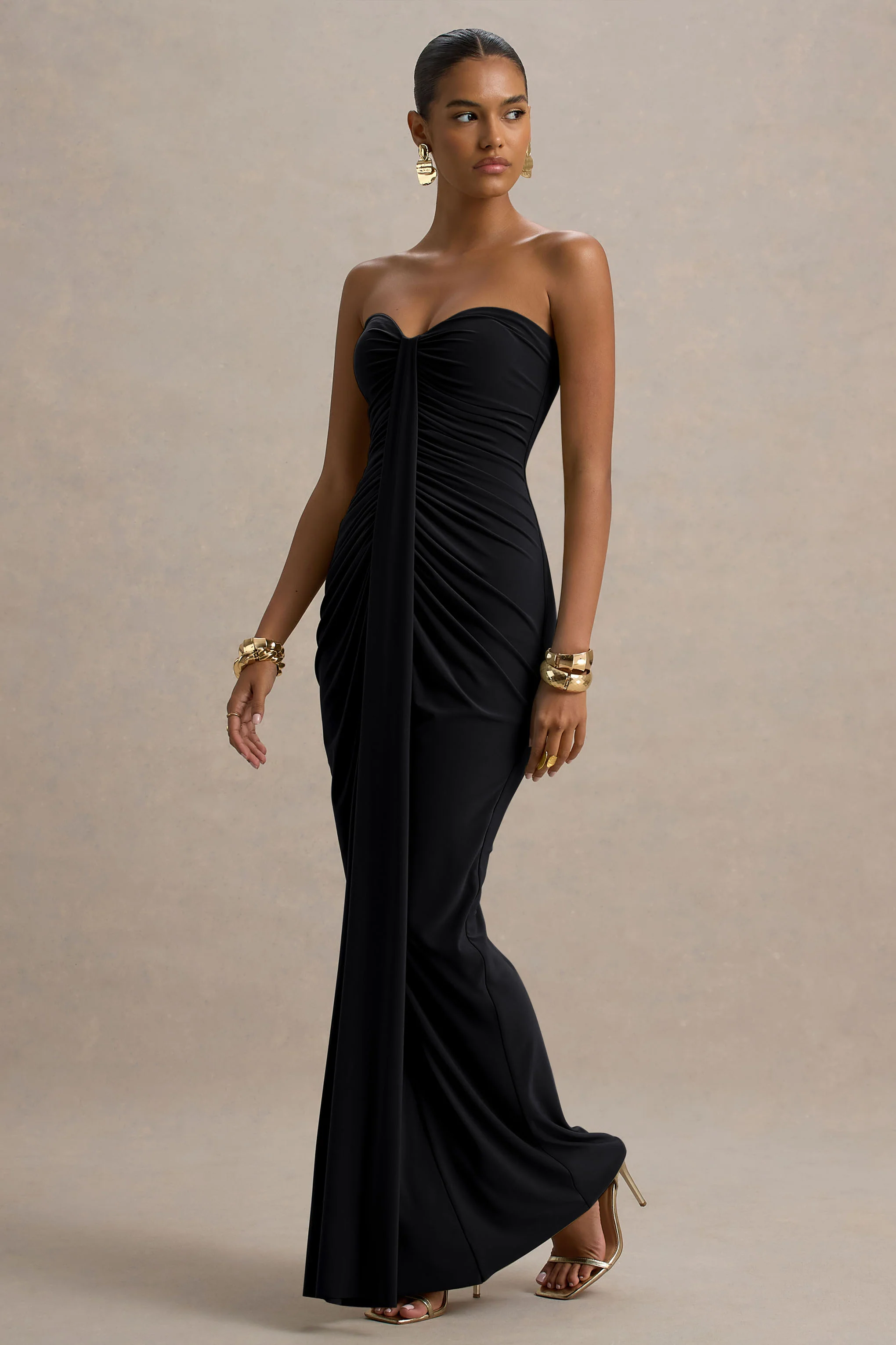 Ali | Black Sweetheart Ruched Wrap Maxi Dress