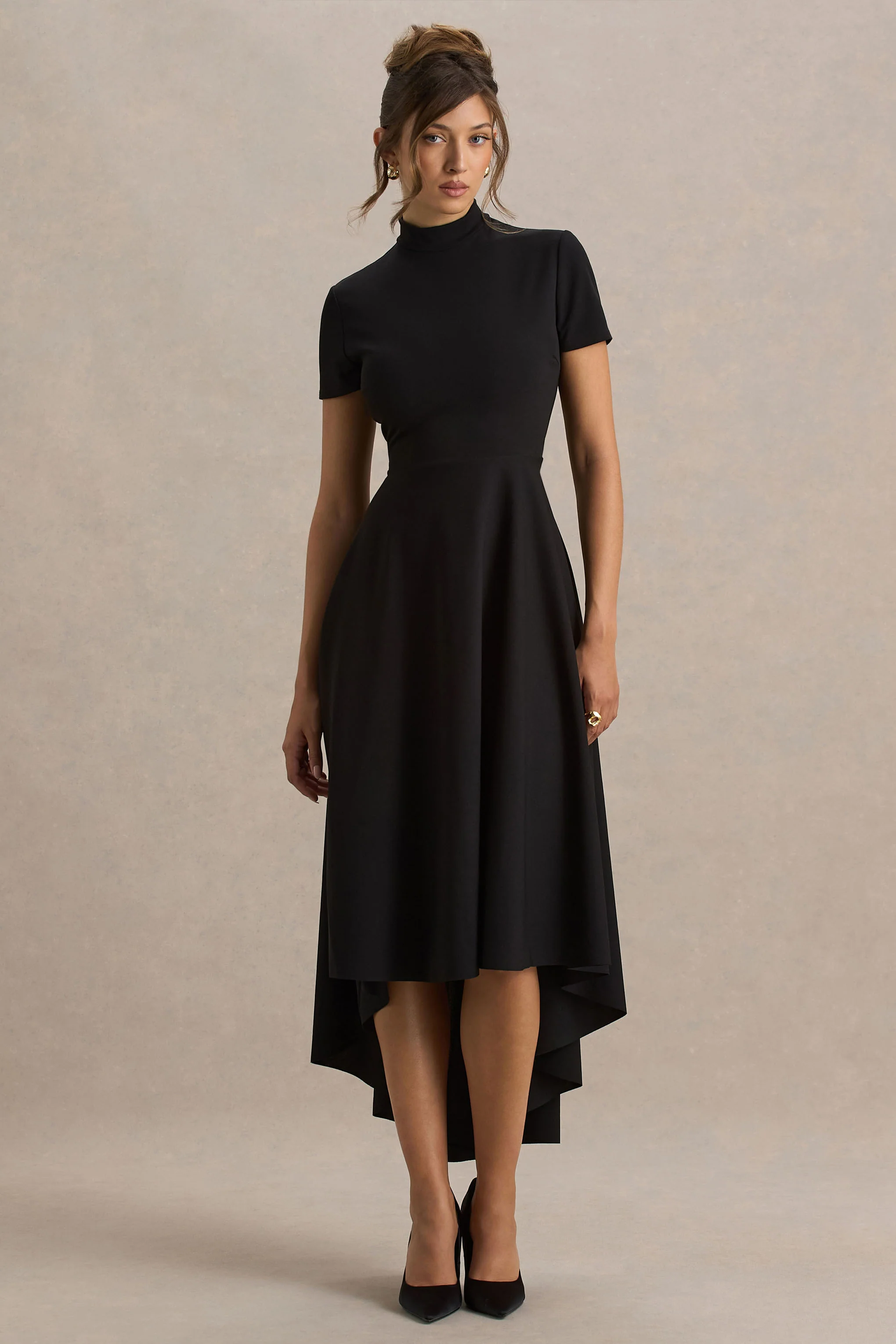 Bellona | Black High-Neck High-Low Midi Dress