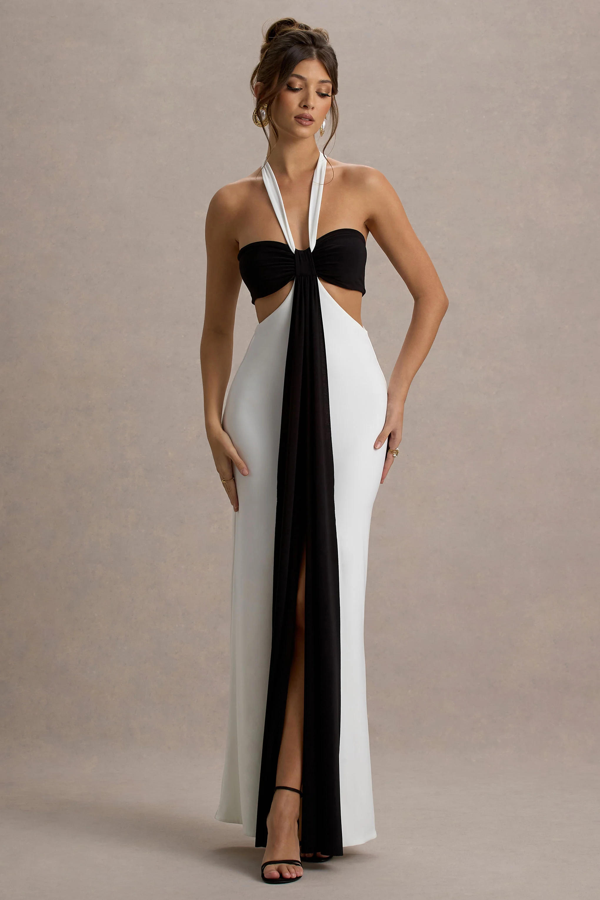 Acentis | Black & White Halter-Neck Cut-Out Maxi Dress