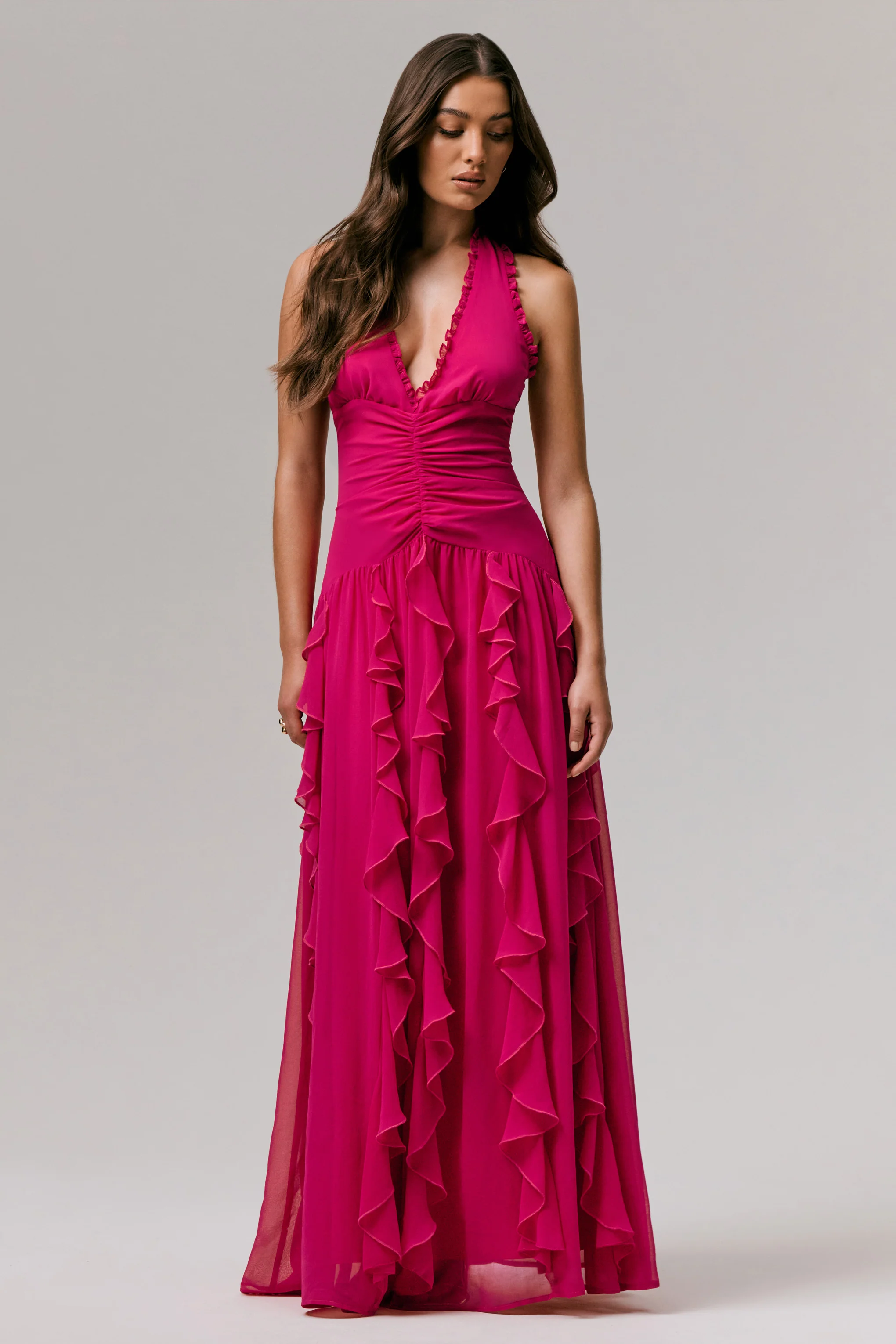 Bea | Hot Pink Plunge-Neck Ruffled Maxi Dress