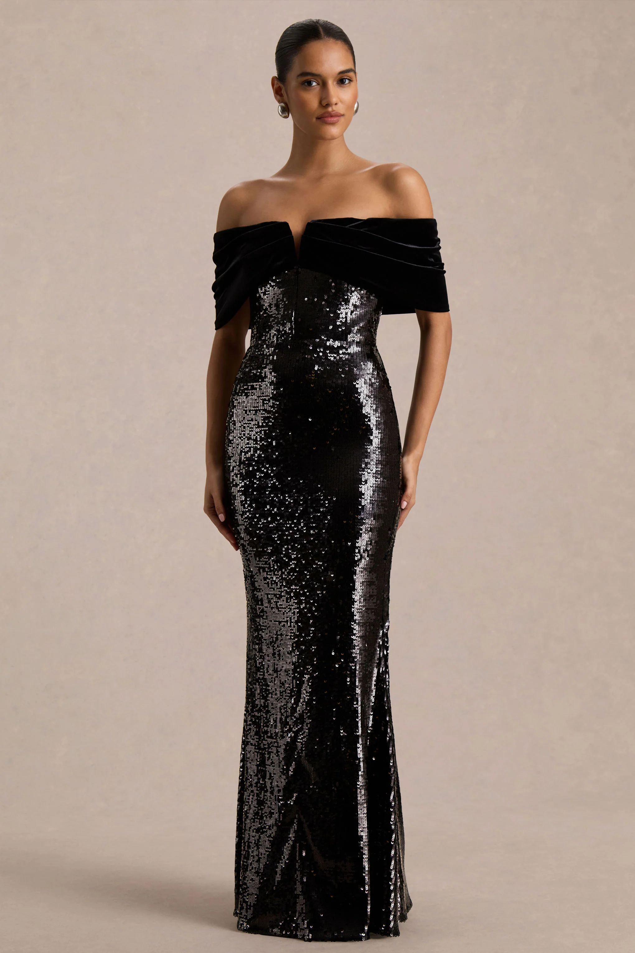 Bex | Black Sequin Bardot-Neck Maxi Dress