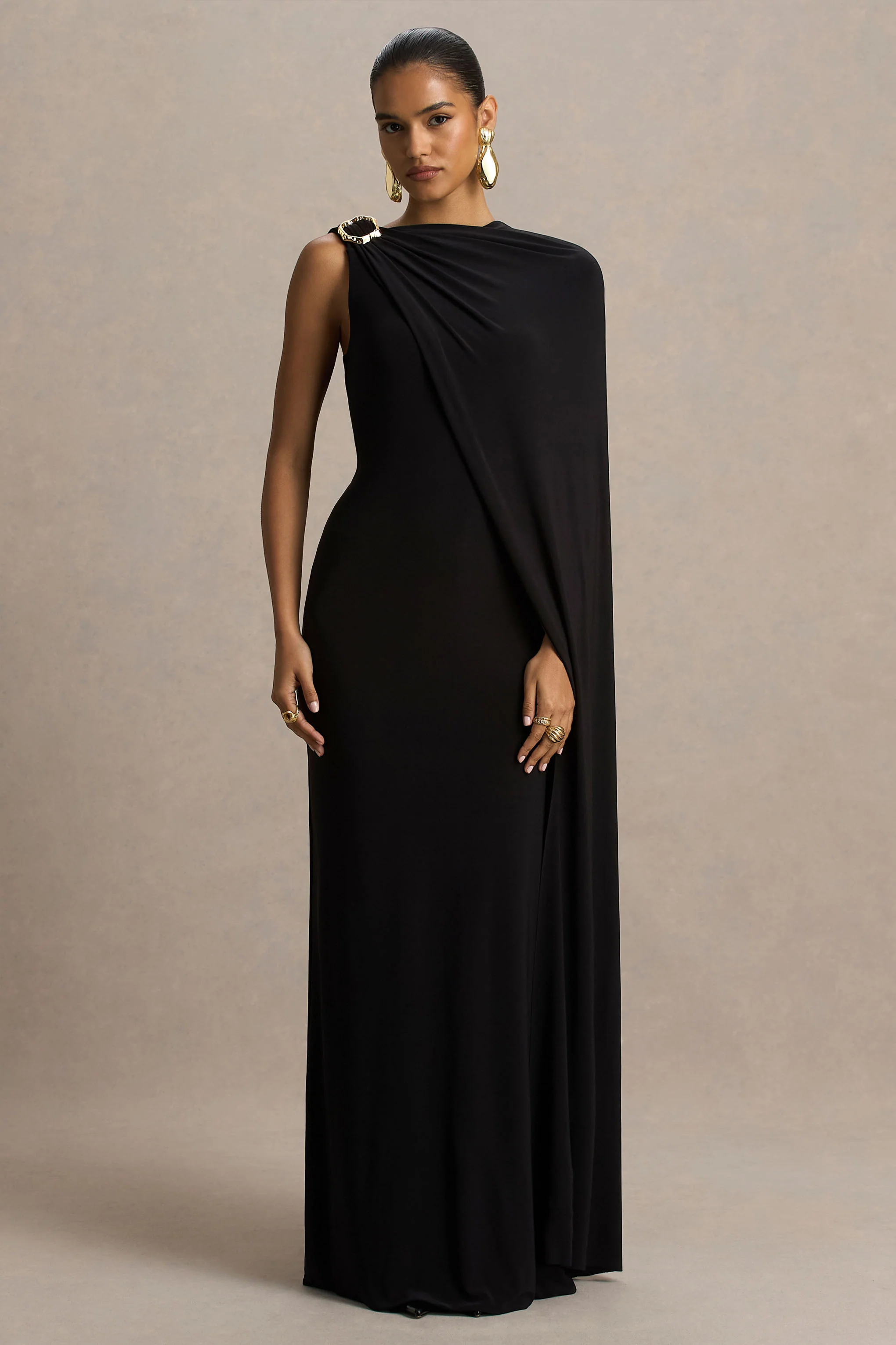 Cressida | Black Asymmetric-Neck Maxi Dress With Cape