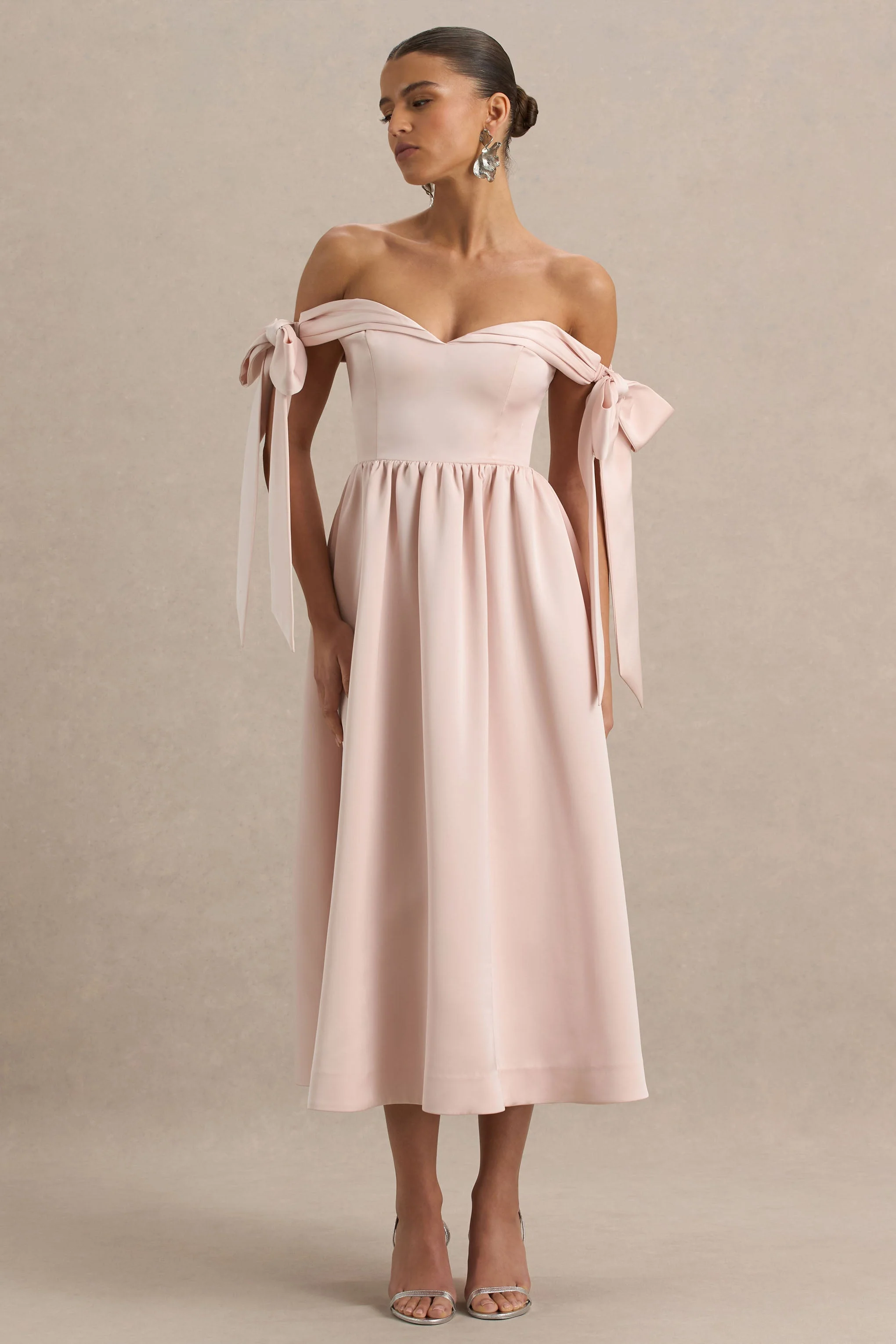 Agafay | Rose Pink Satin Short-Sleeve Bardot Wrap Midi Dress With Bow Detail