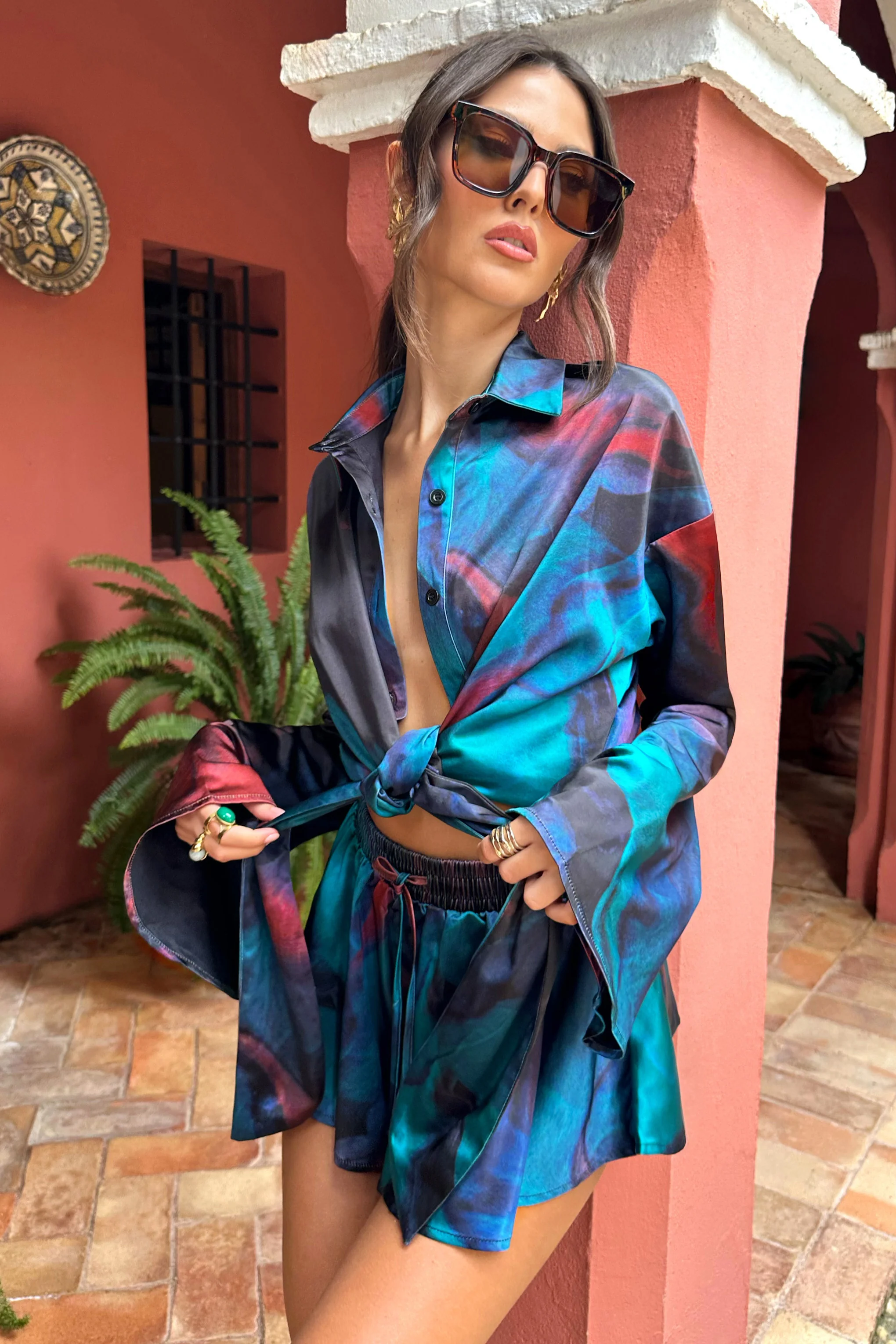 Marisela | Blue Print Satin Flared Sleeve Cropped  Shirt