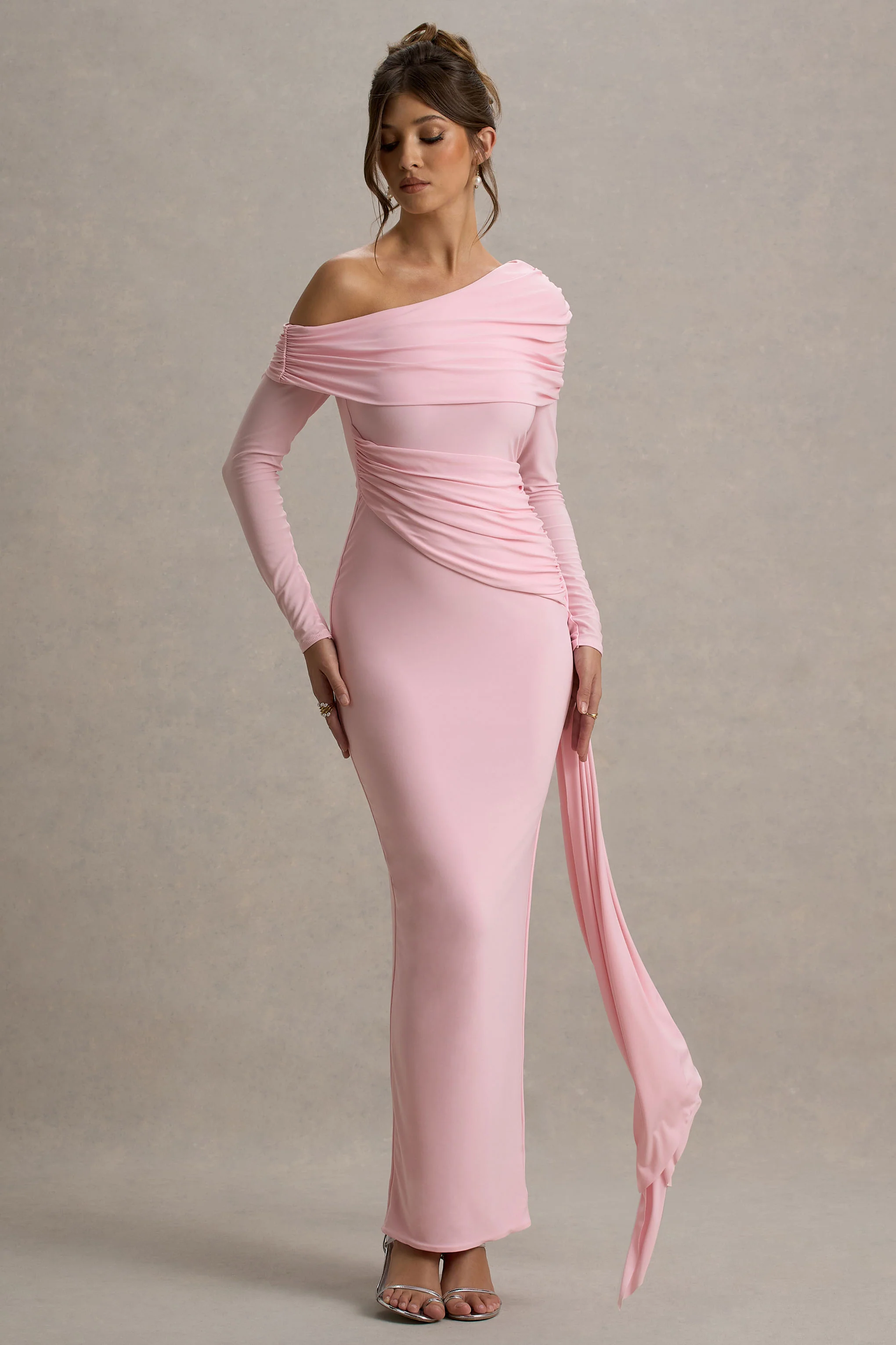 Valina | Pink Ruched Asymmetric Maxi Dress With Drape