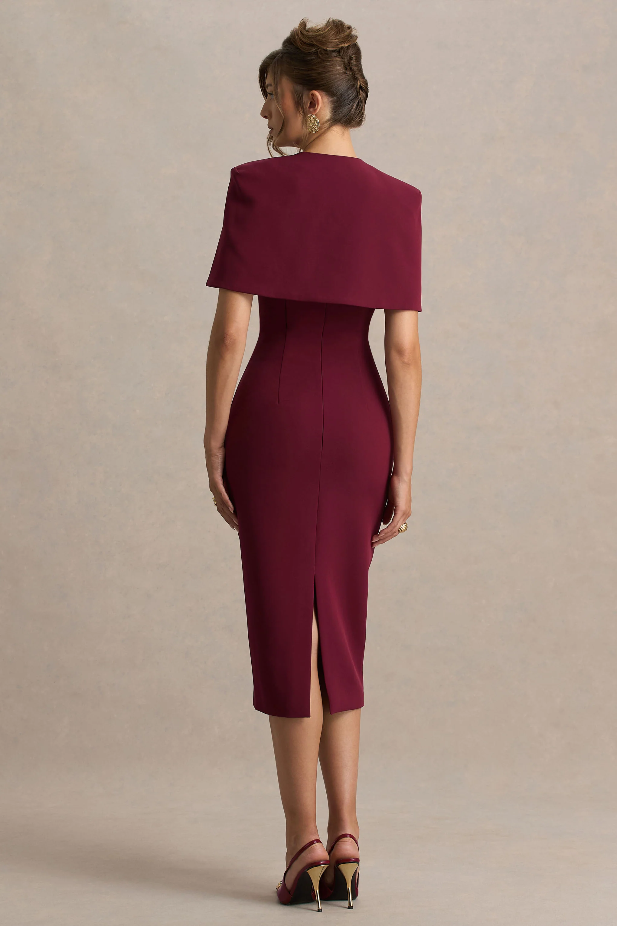 Baylor | Burgundy Midi-Dress With Cape-Detail