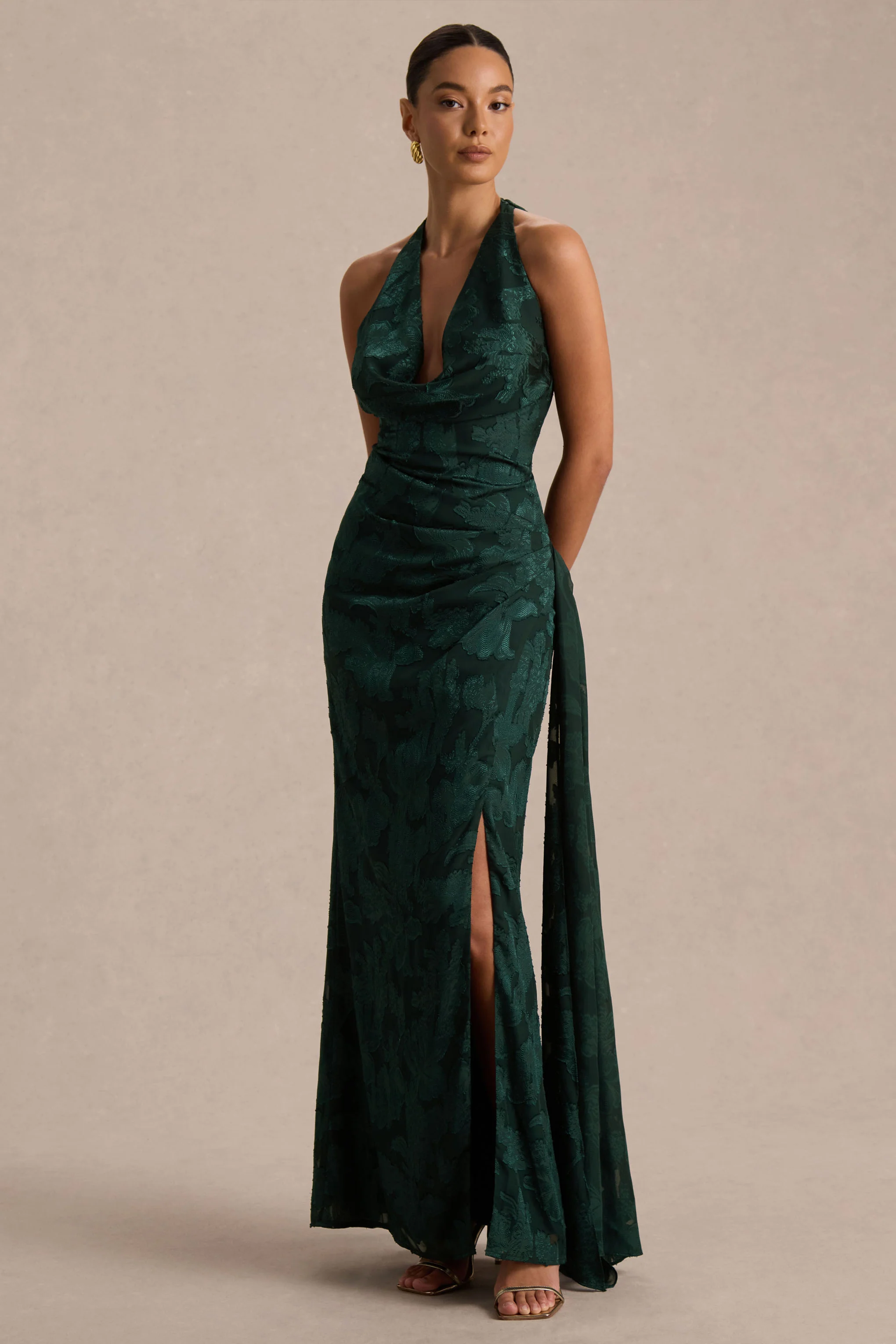 Talula | Dark Green Extreme Plunge-Neck Maxi Dress With Sash And Front-High Split