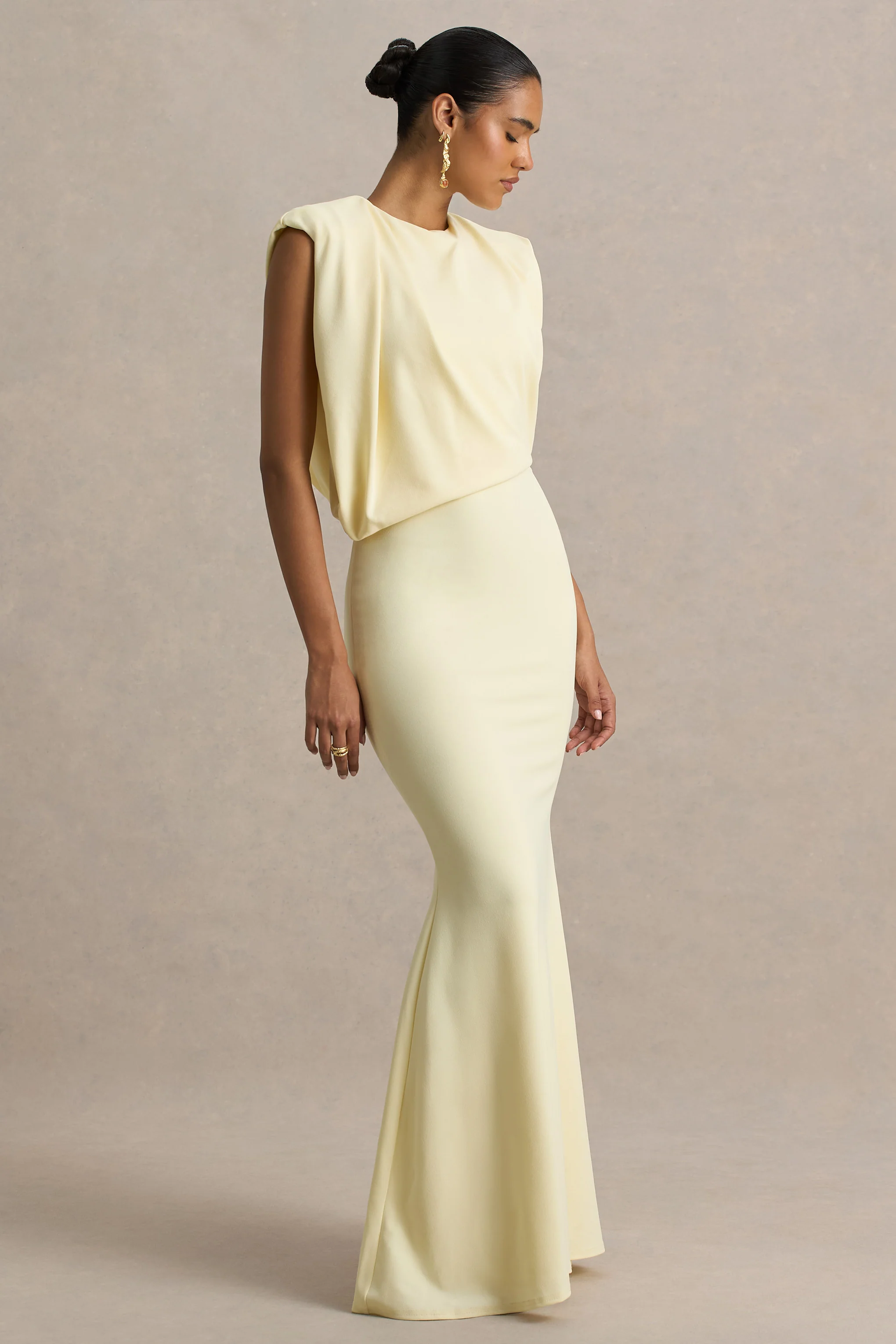Meave | Lemon High Neck Maxi Dress With Draping Detail