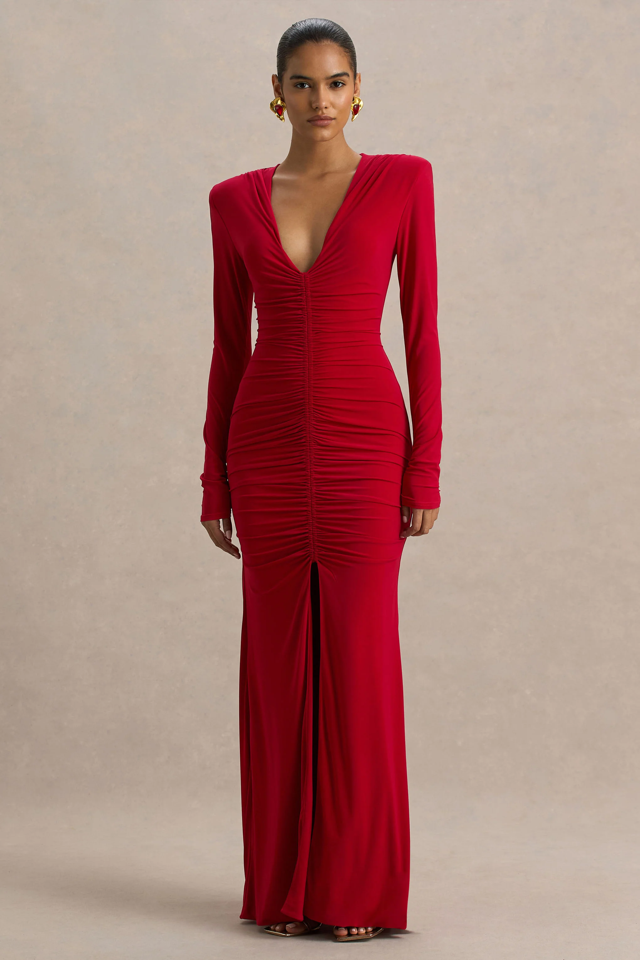 Jewel | Red Plunge-Neck Maxi Dress With Front Split and Ruched Detailing