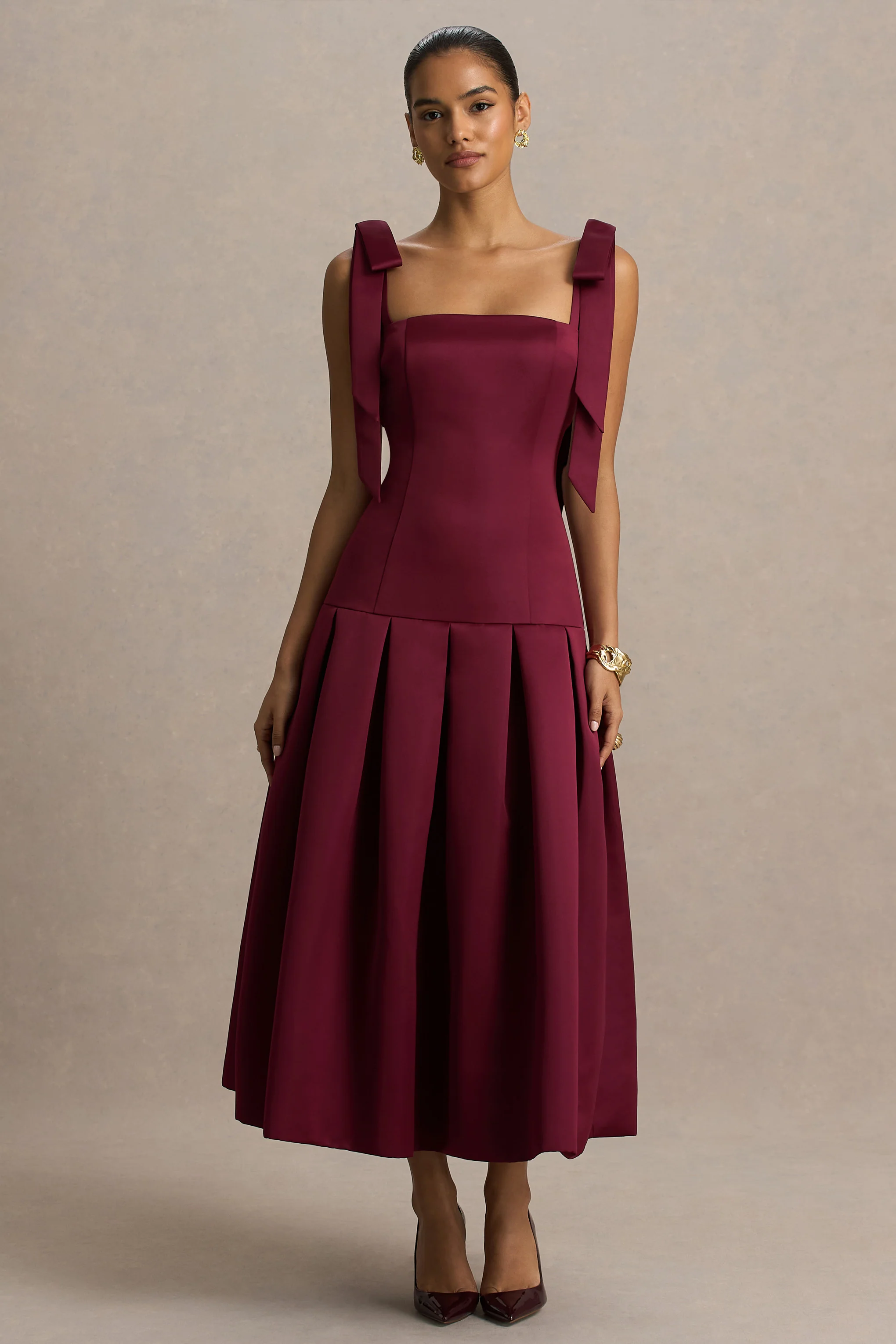 Alberta | Burgundy Satin Midi Dress With Bow Straps