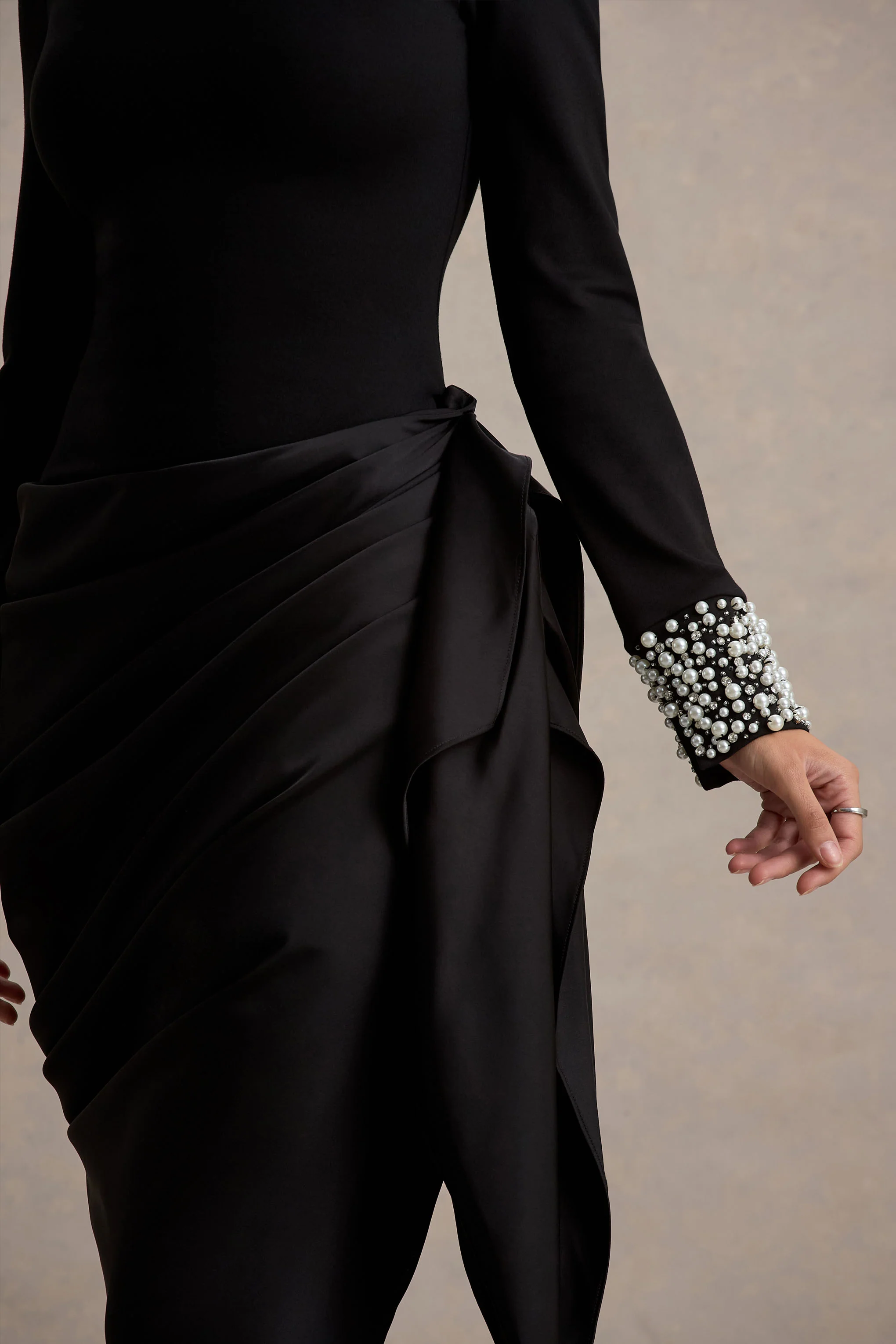 Luanna | Black Satin Long-Sleeve Midi Dress With Draped Skirt