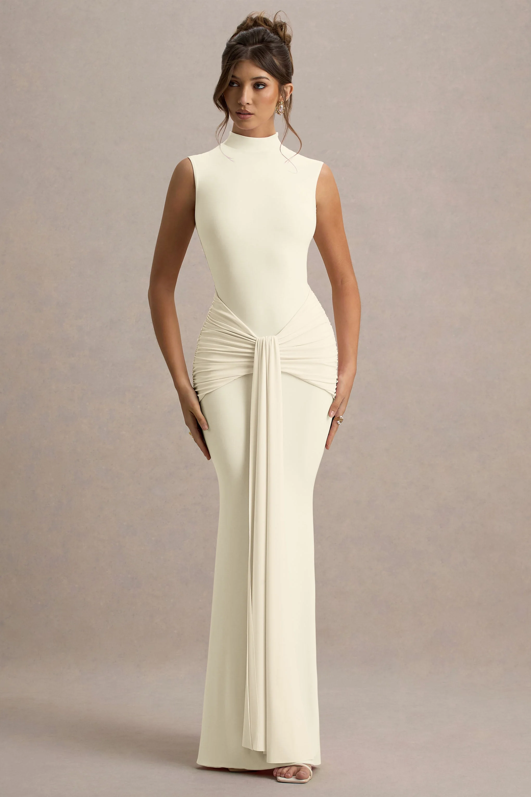 Graziana | Pale Lemon High-Neck Gathered Draped Maxi Dress
