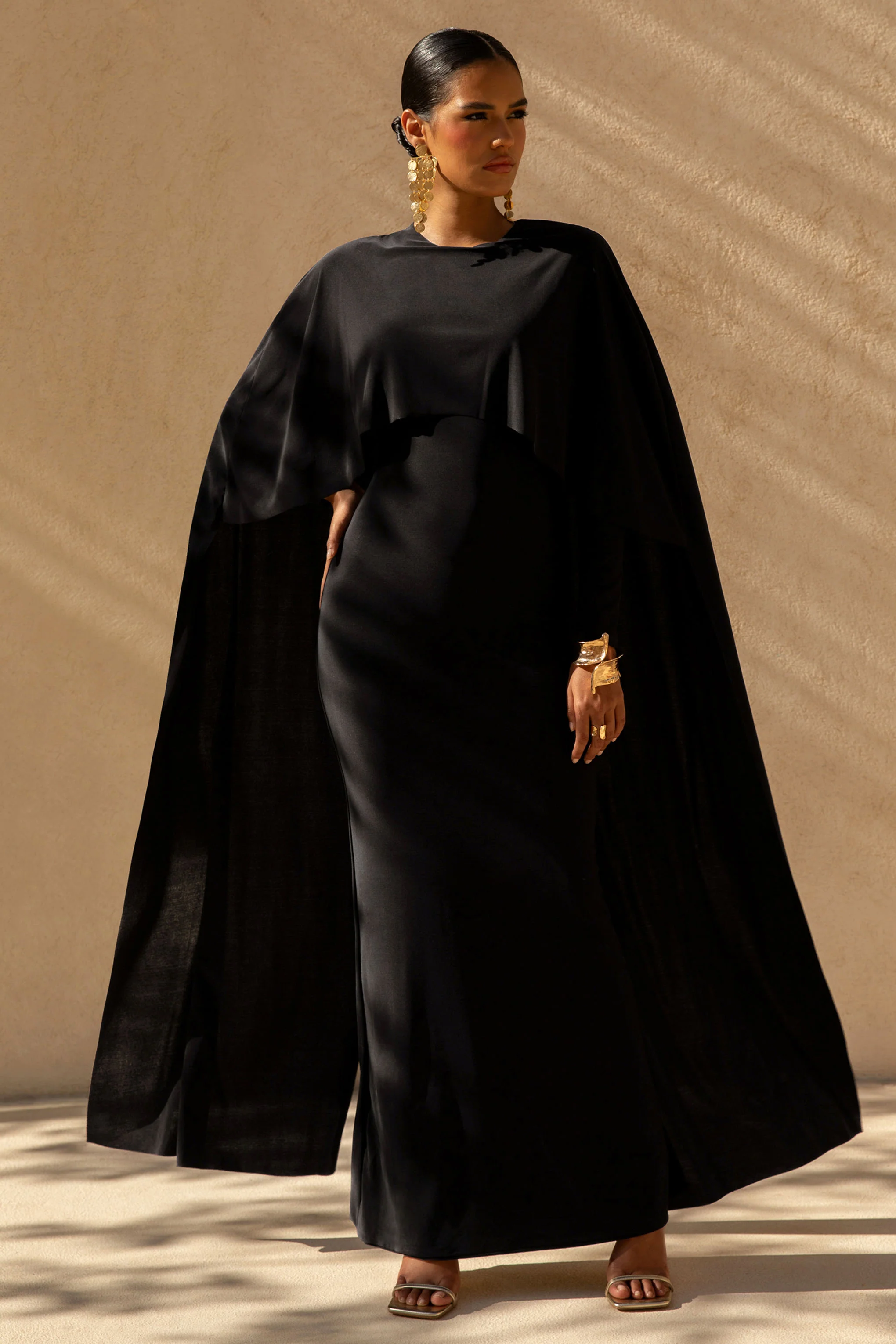 Belinda | Black Draped Maxi Dress With Cape Sleeves