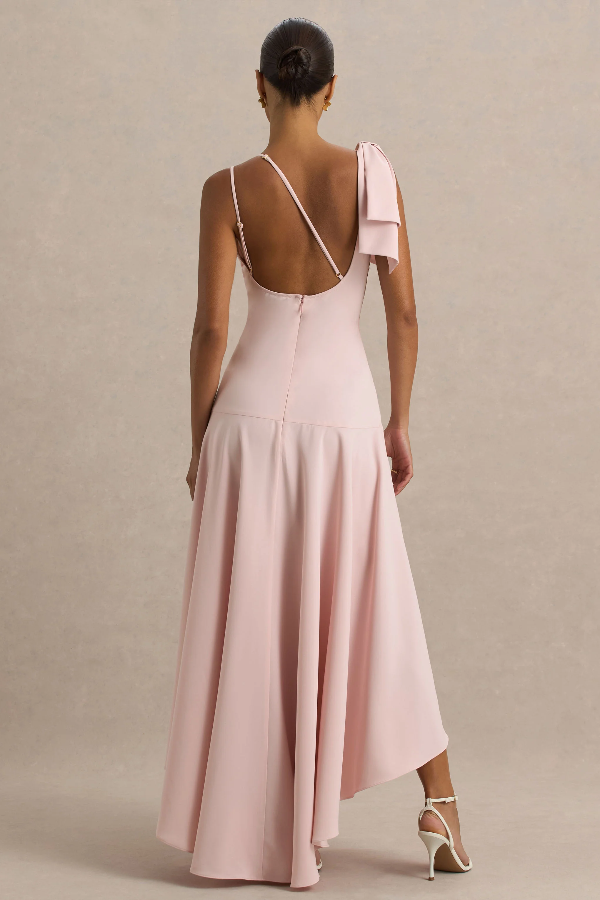 Julieta | Baby Pink Asymmetric-Neck Maxi Dress With Bow Detail And Open-Back