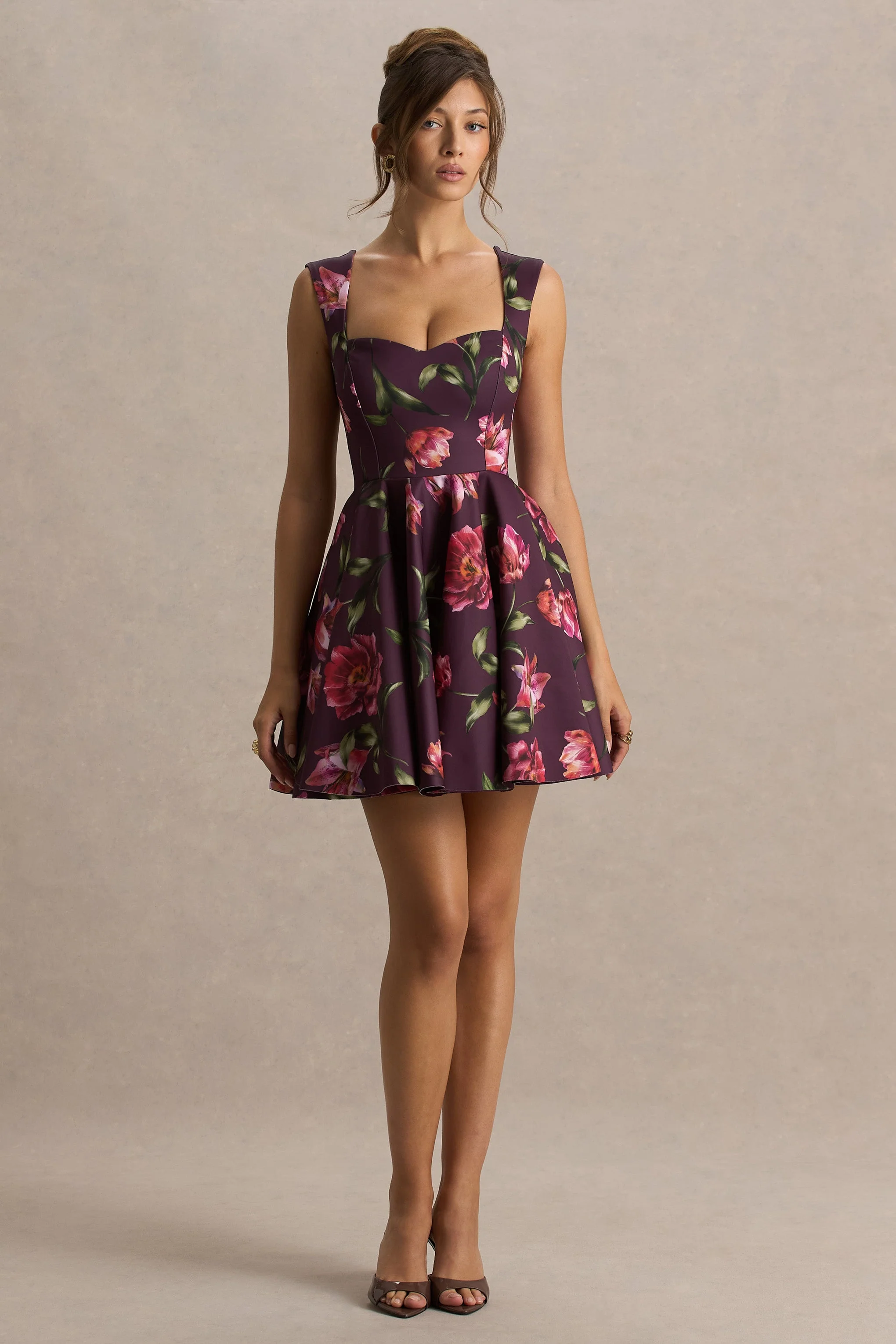 Magic | Burgundy Floral Print Sweetheart-Neck Mini Dress.