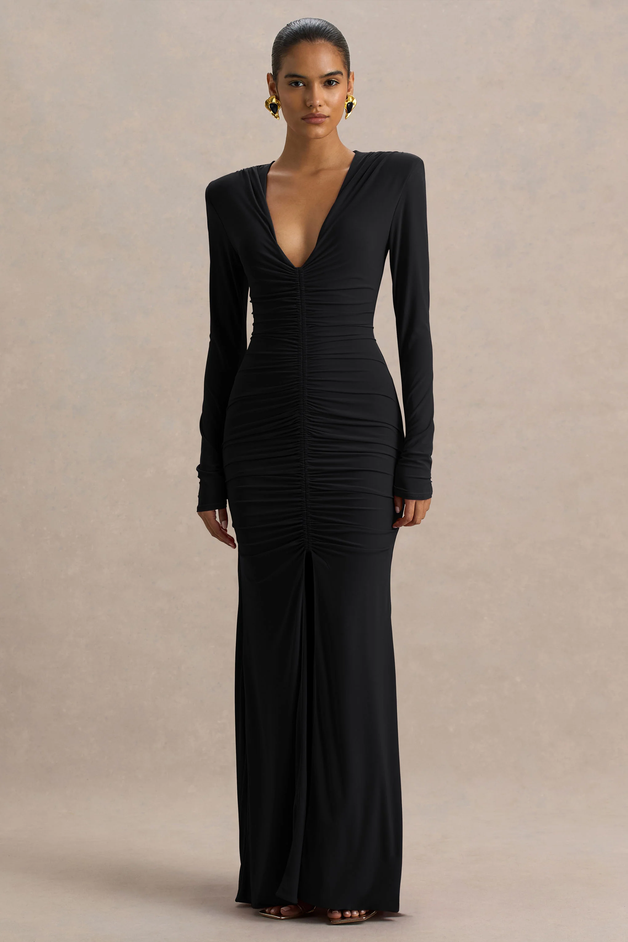 Jewel | Black Plunge-Neck Maxi Dress With Front Split and Ruched Detailing