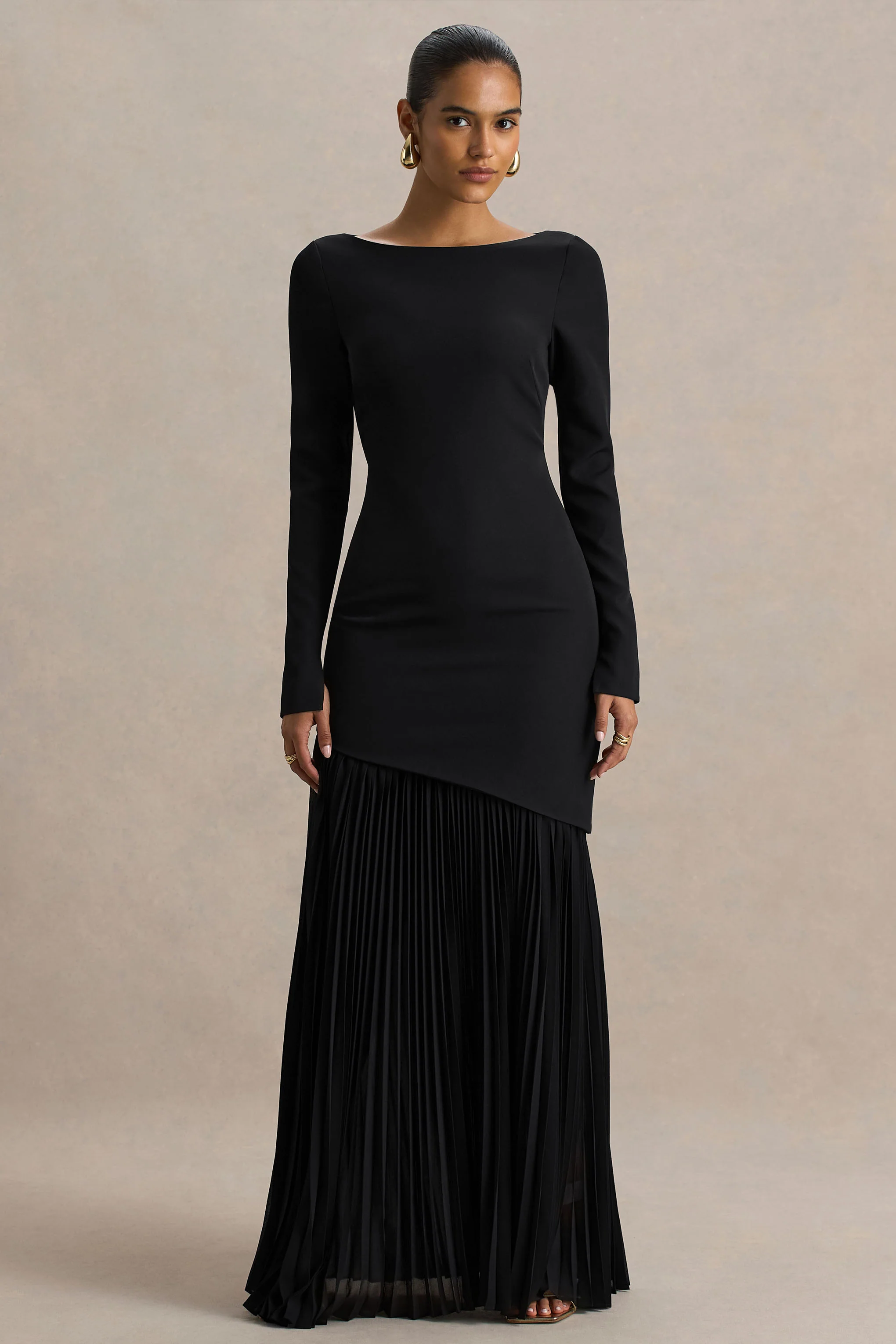 Yanira | Black Crepe And Georgette Boat-Neck Maxi Dress With Drop Waist