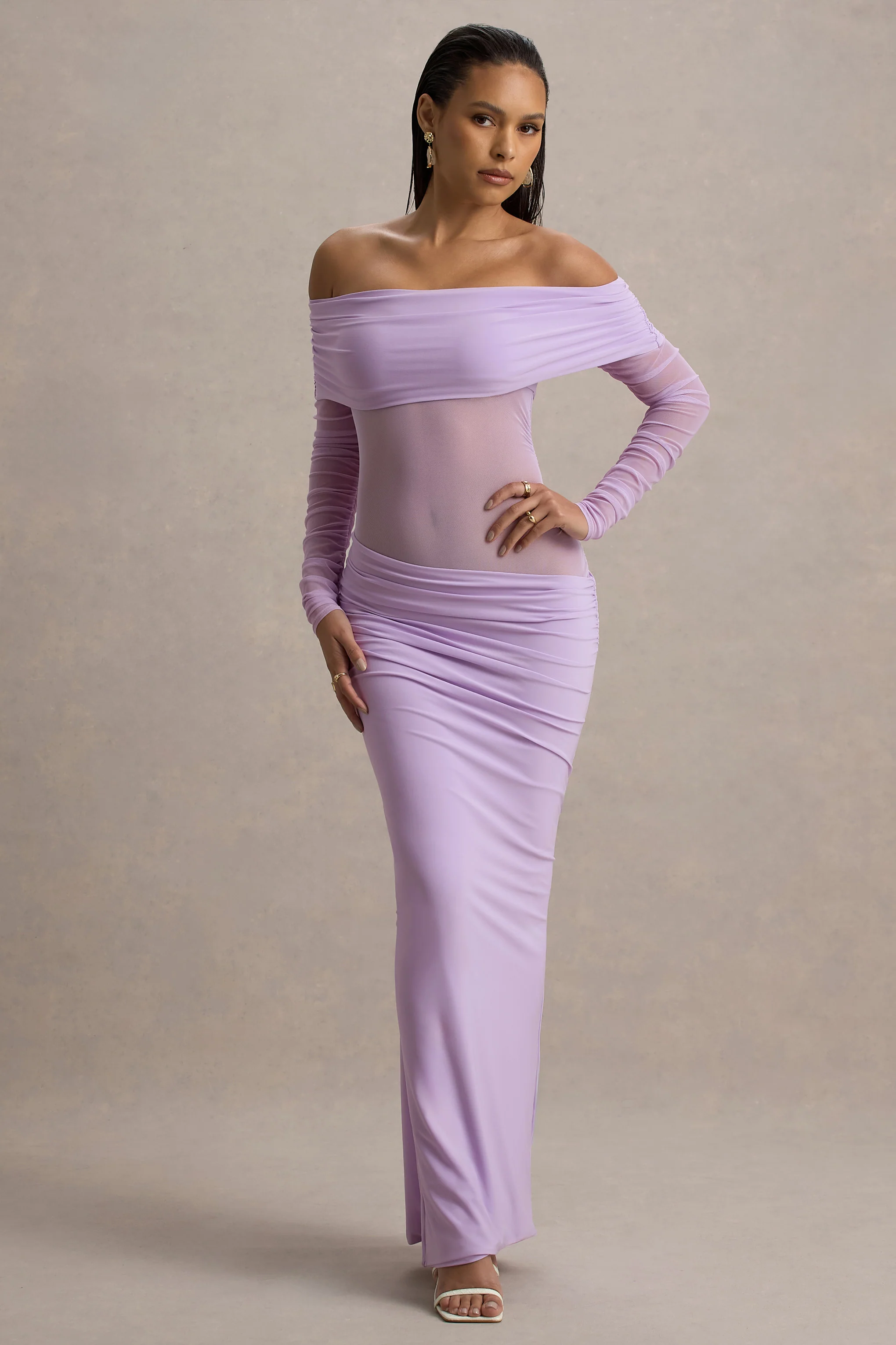 Belamour | Lavender Semi-Sheer Bardot Gathered Maxi Dress
