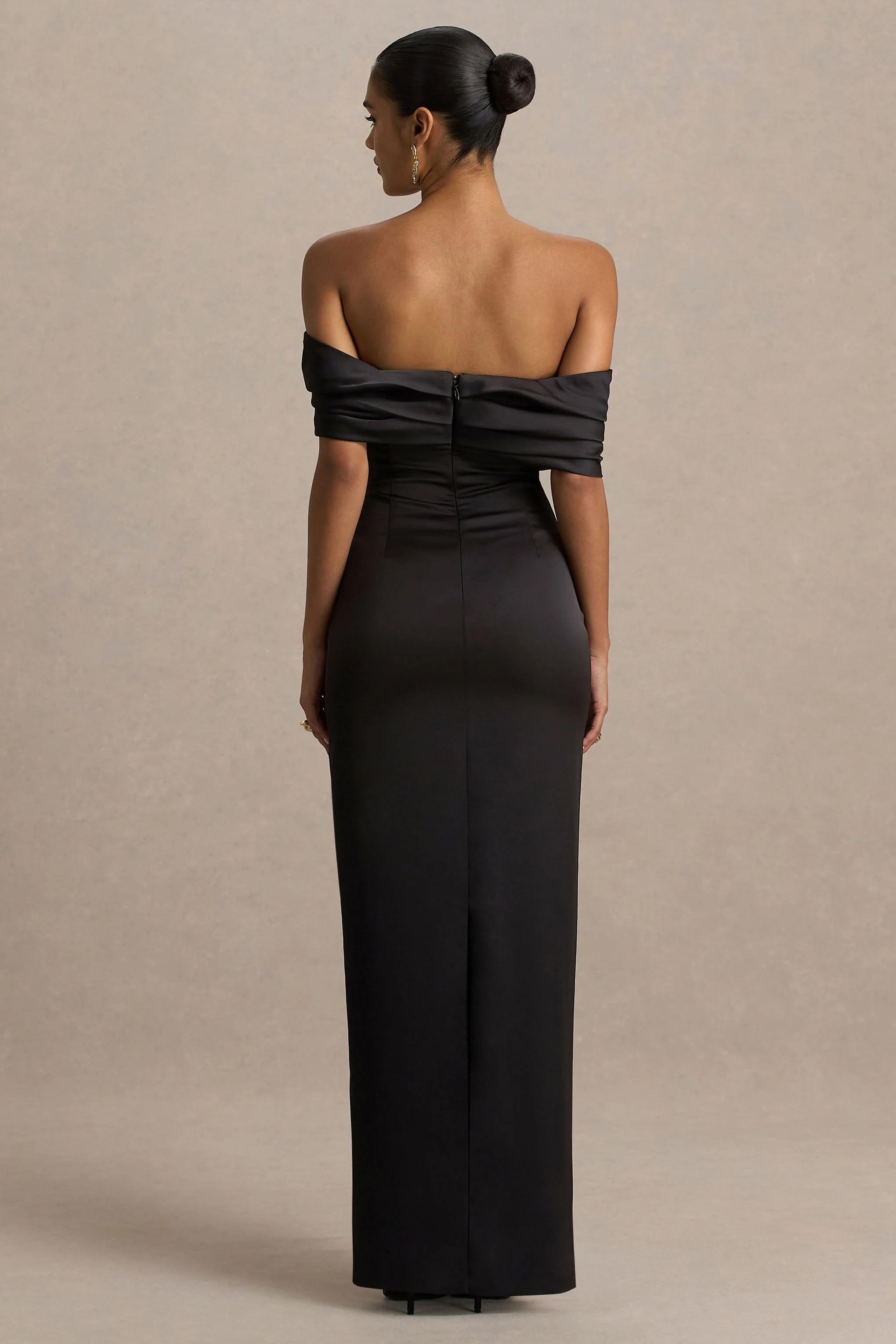 Valeria | Black Satin Twist-Bardot Neck Maxi Dress