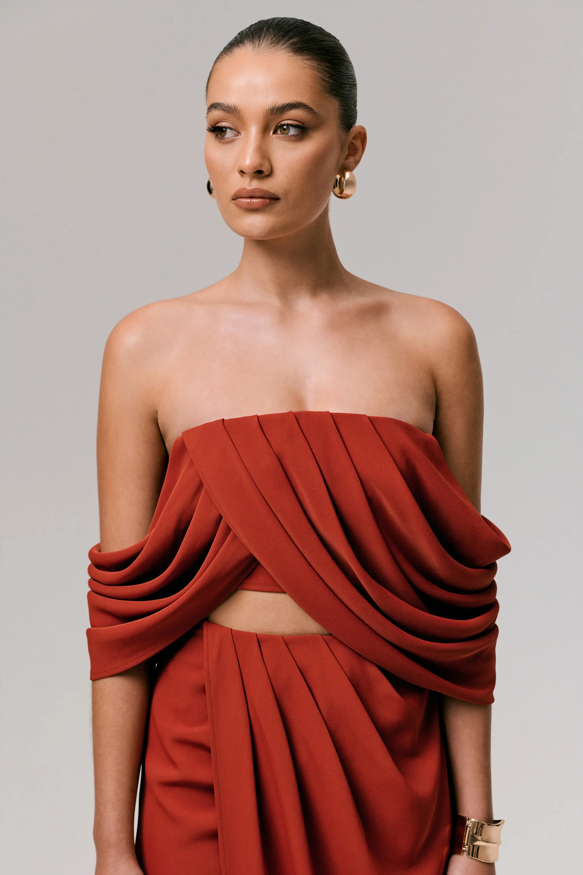 Talika | Terracotta Bardot Crop-Top With Draped Sleeves