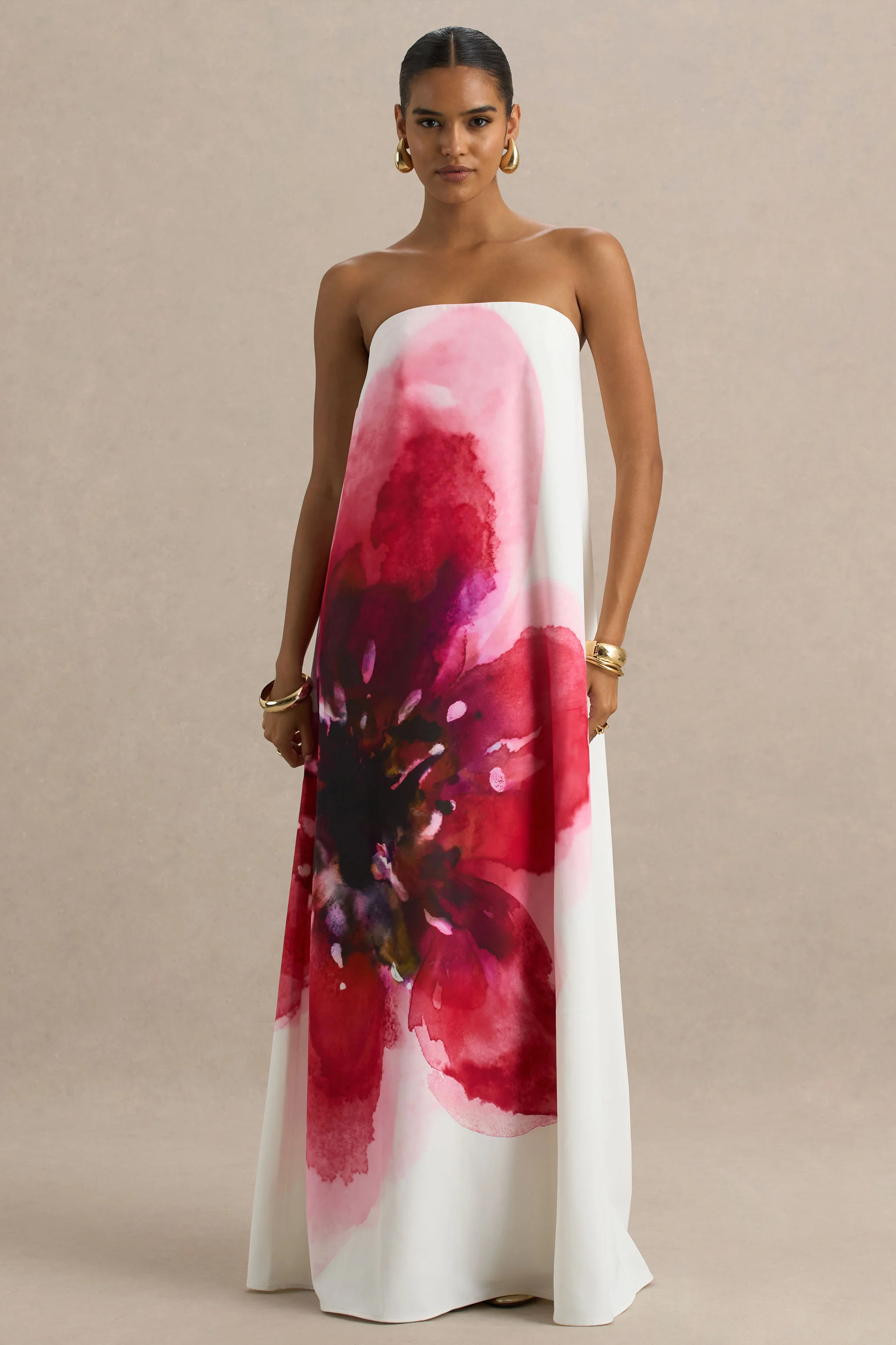 Breonna | Bright Pink Floral Placement Print Bandeau Maxi Dress
