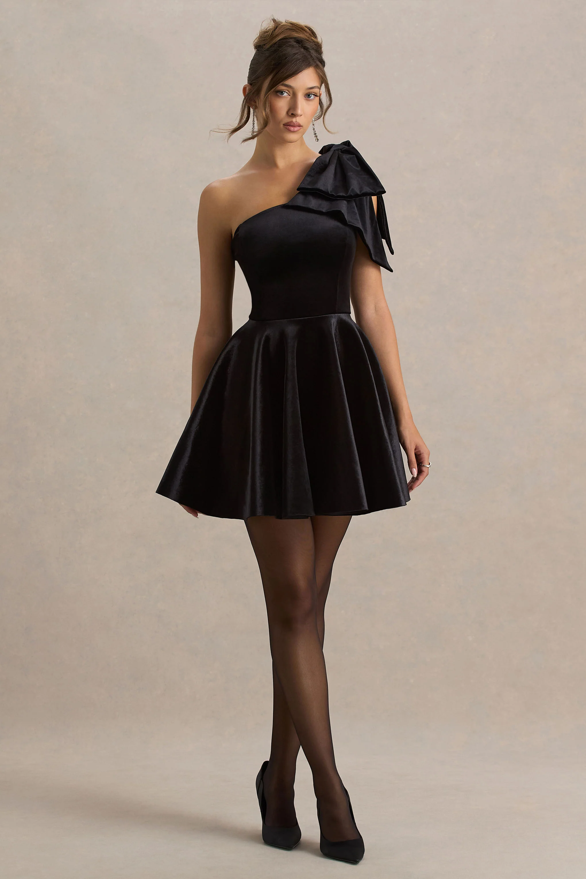 Keeley | Black Asymmetric-Neck Velvet Mini Dress With Bow Detail