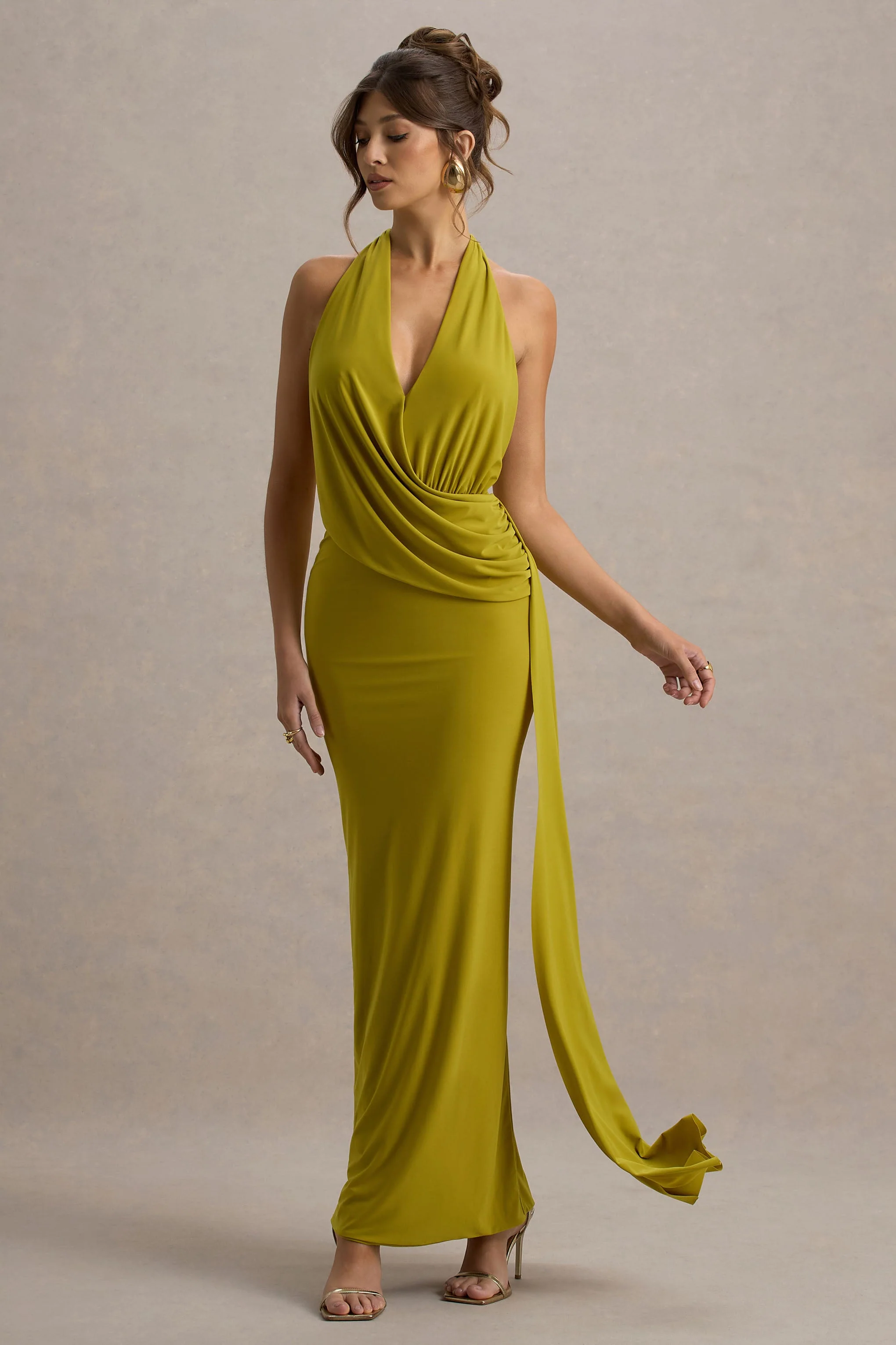 Rosina | Green Halter-Neck Draped Maxi Dress With Sash