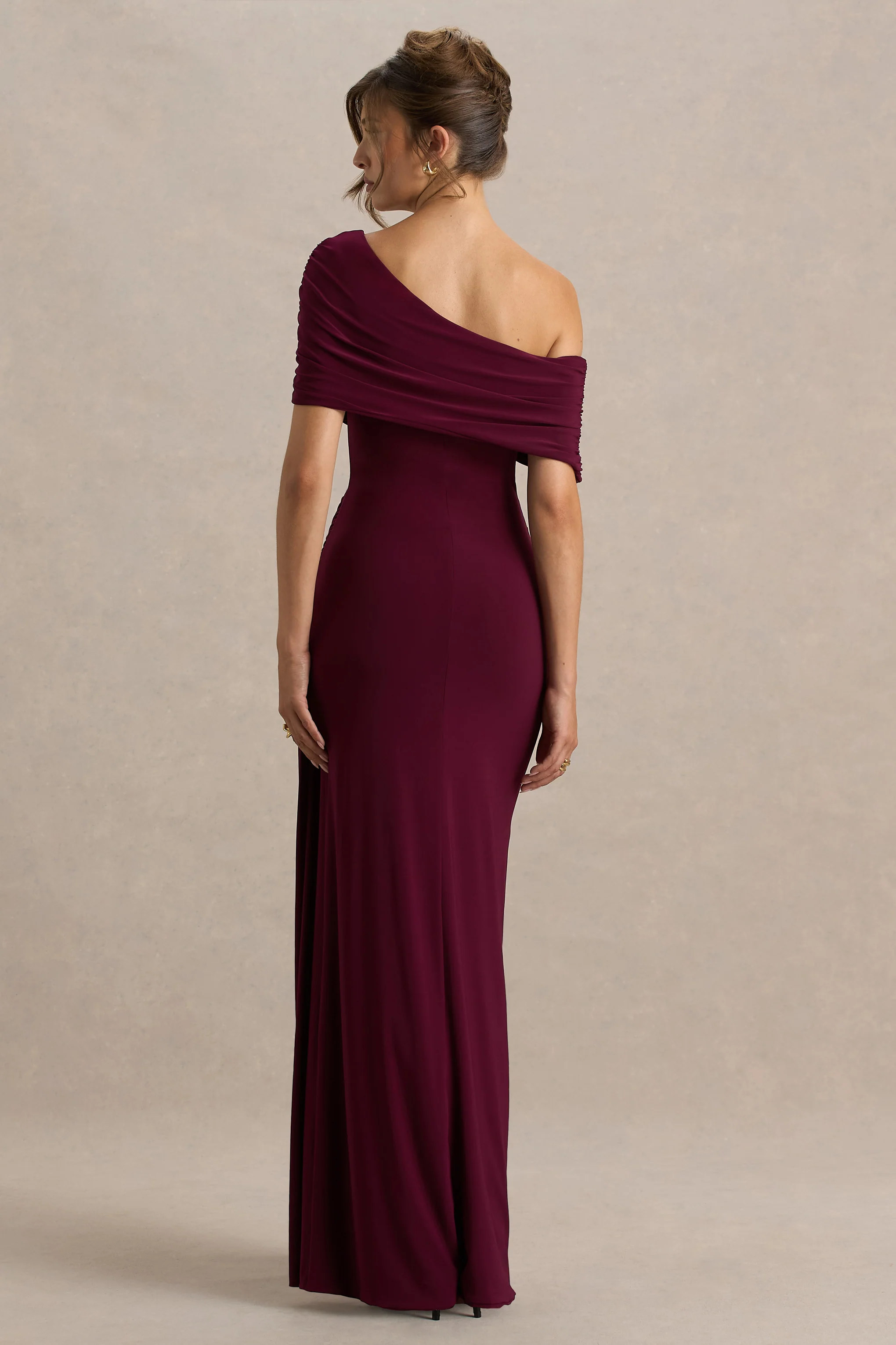 Dynasty | Burgundy Asymmetric-Neck Maxi Dress With Ruched Detailing And Front High-Split