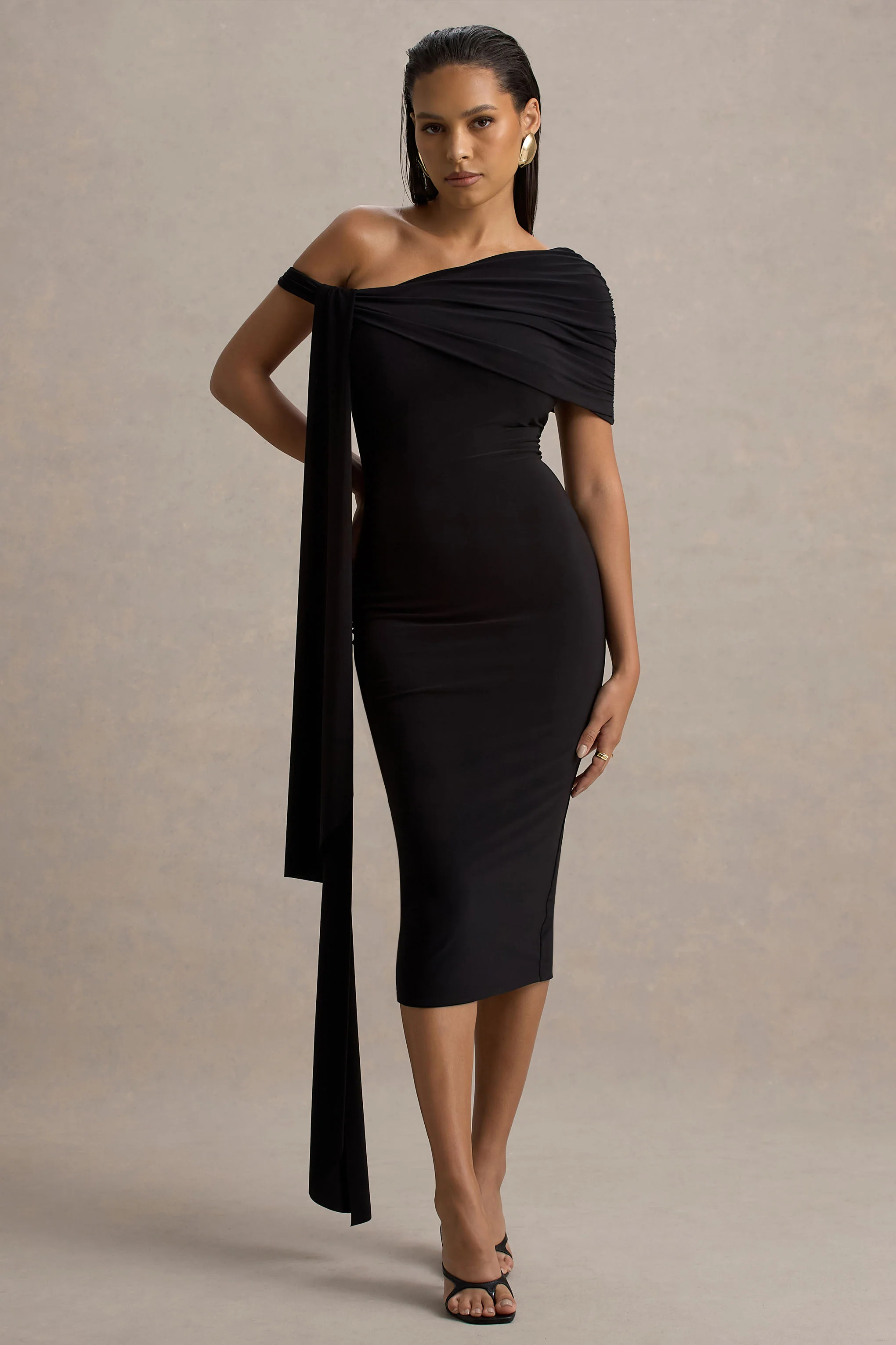 Vallea | Black One-Shoulder Draped Midi Dress