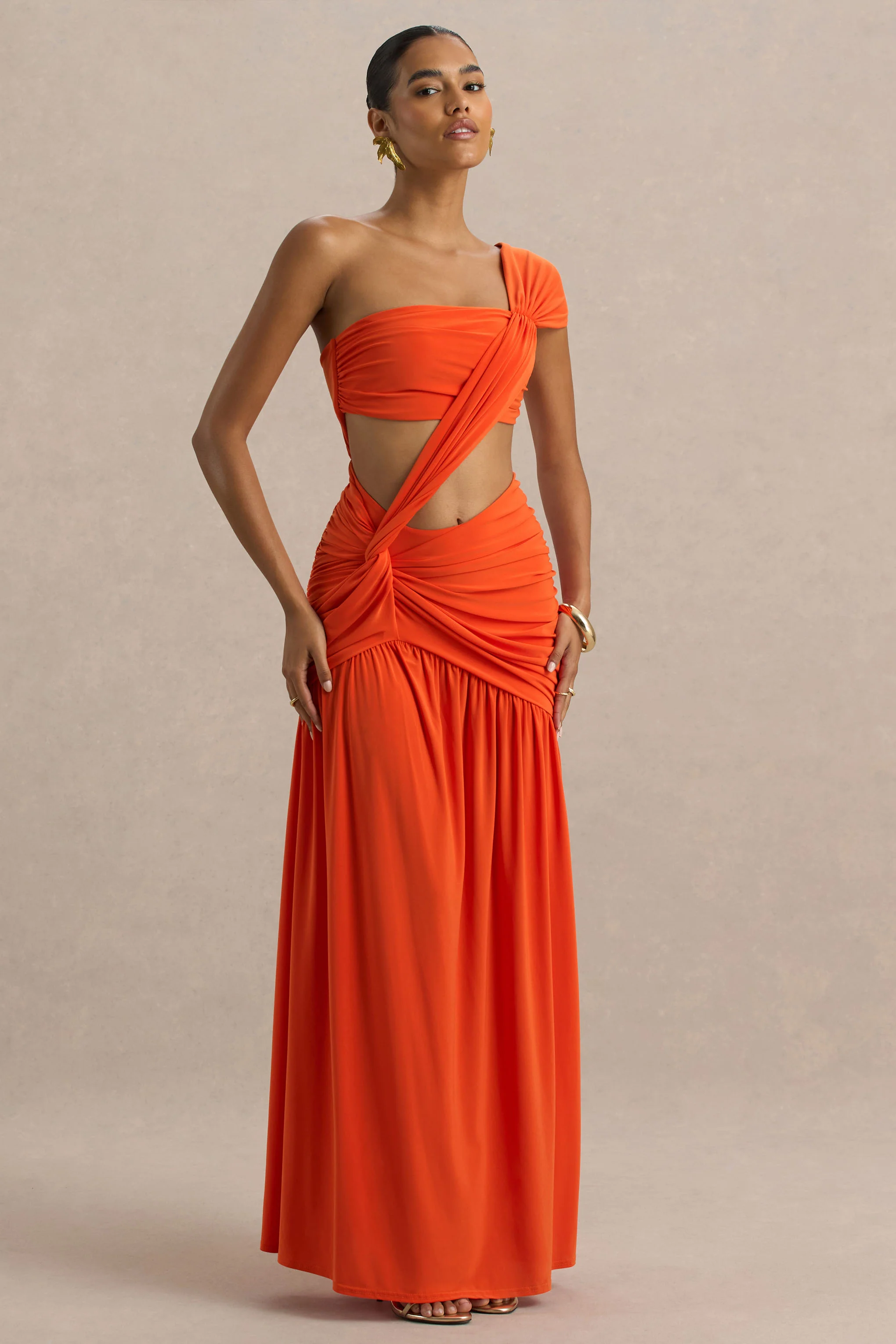 Cadiz | Orange Asymmetric Maxi Dress With Cut-Out Detail and Open-Back