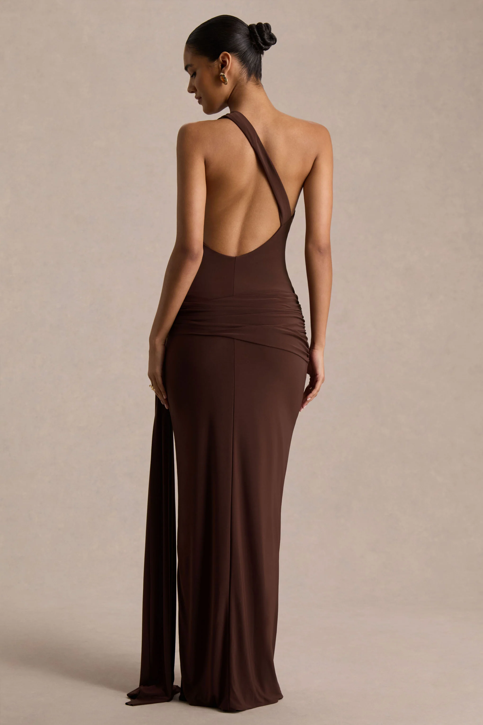Bonnie | Brown Asymmetric-Neck Maxi Dress With Ruched-Detailing
