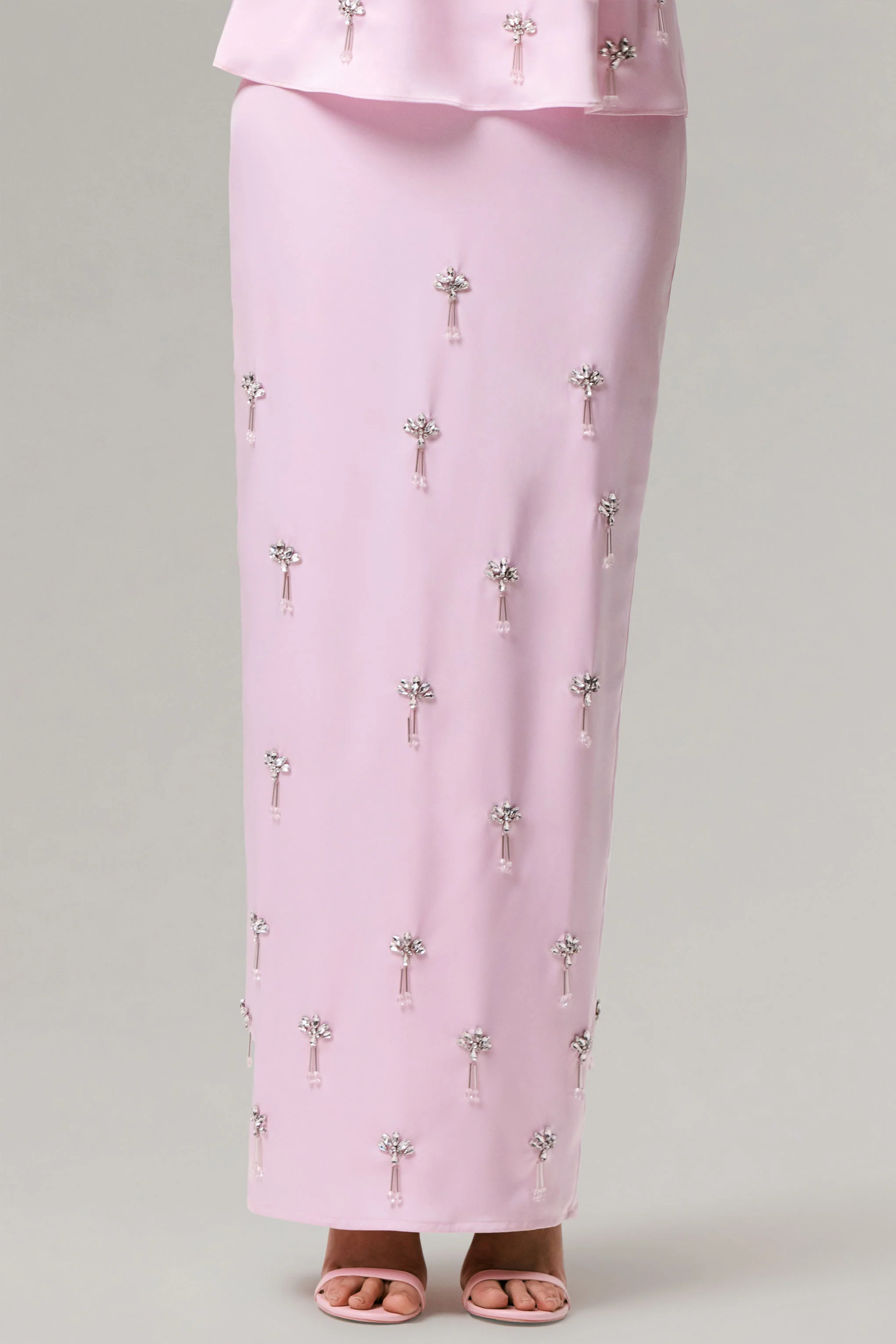 Lena | Pink Satin Embellished Maxi Skirt