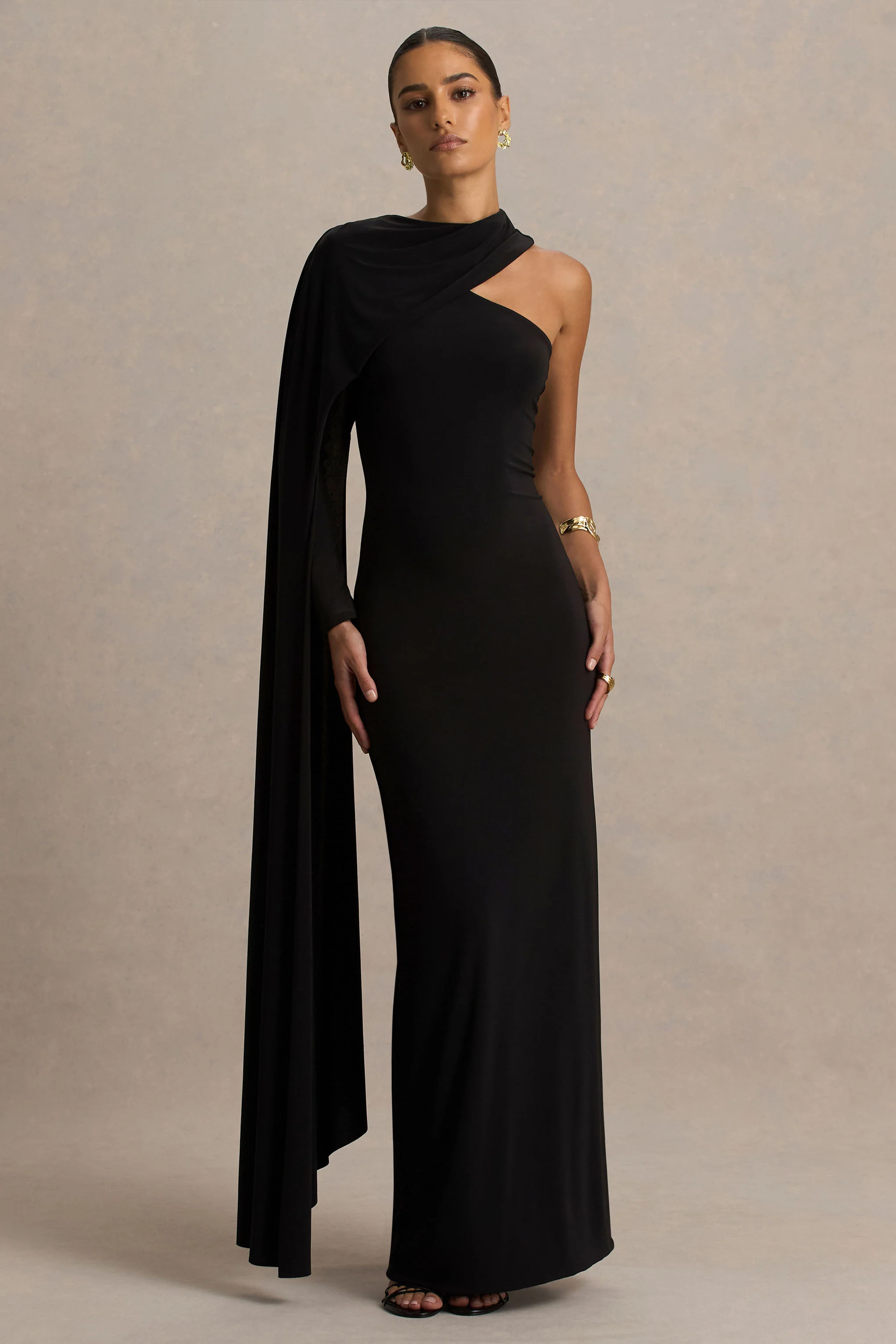 Dawn | Black High-Neck Maxi Dress With One Long-Sleeve And Cape