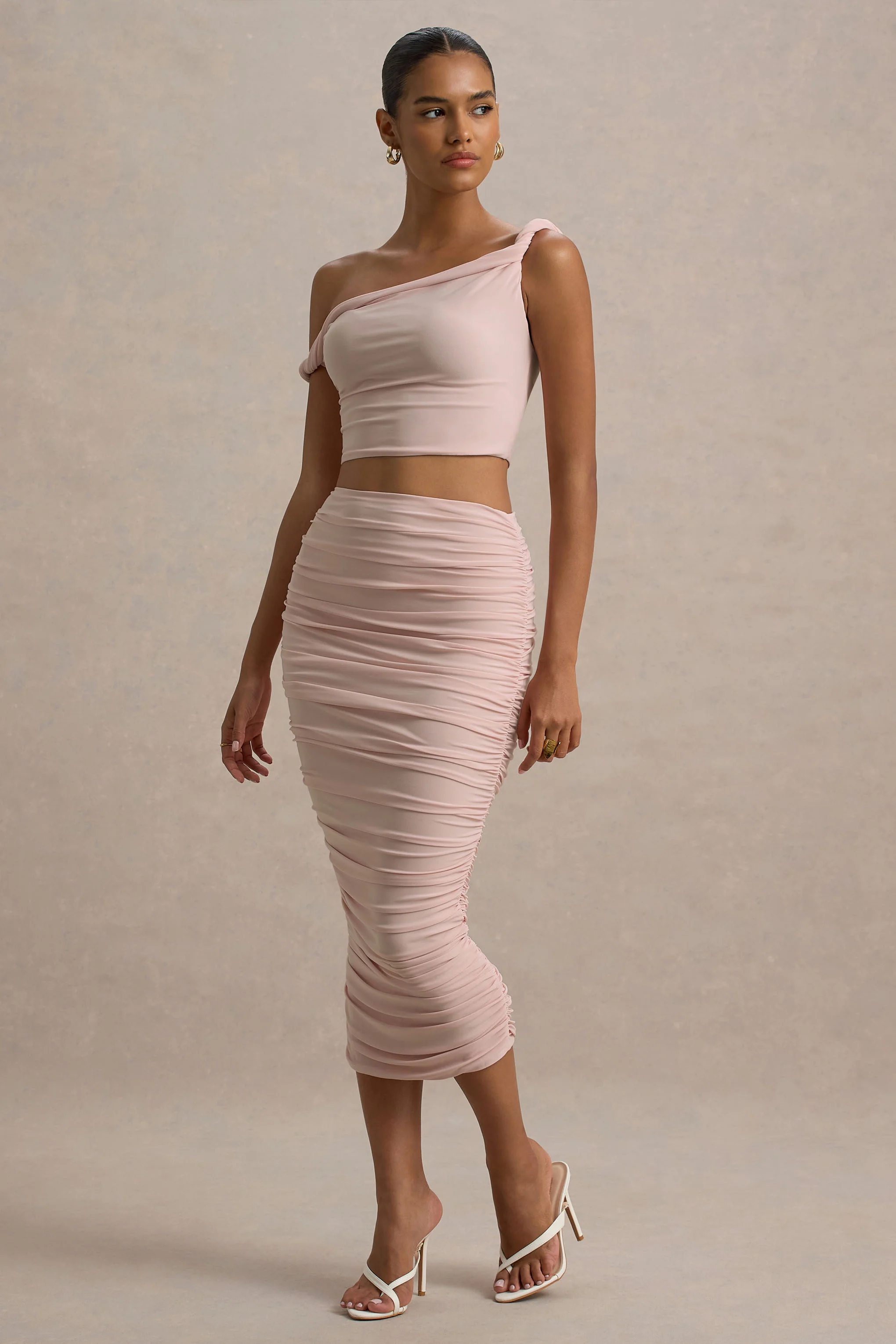 Lively | Light Pink Ruched Midi Skirt