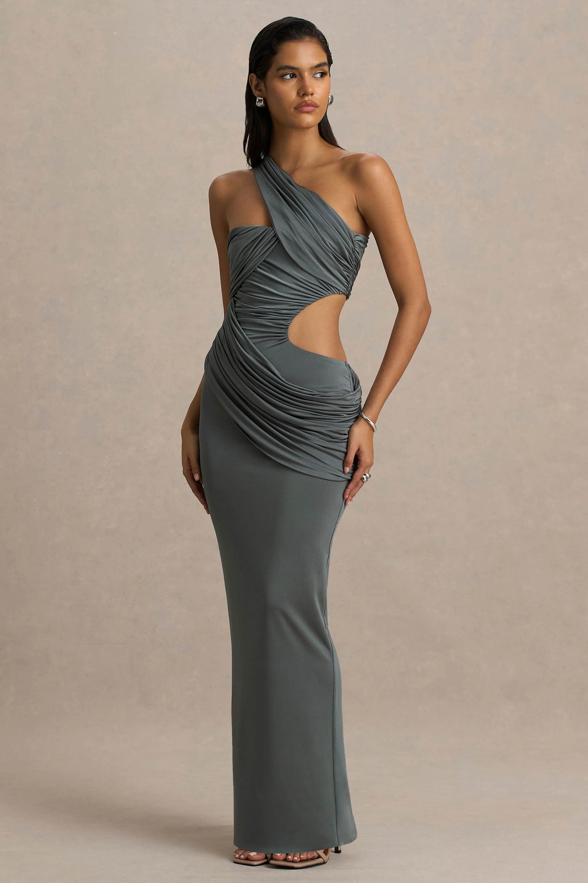 Serefine | Grey Asymmetric-Neck Maxi Dress With Body Cut-Out