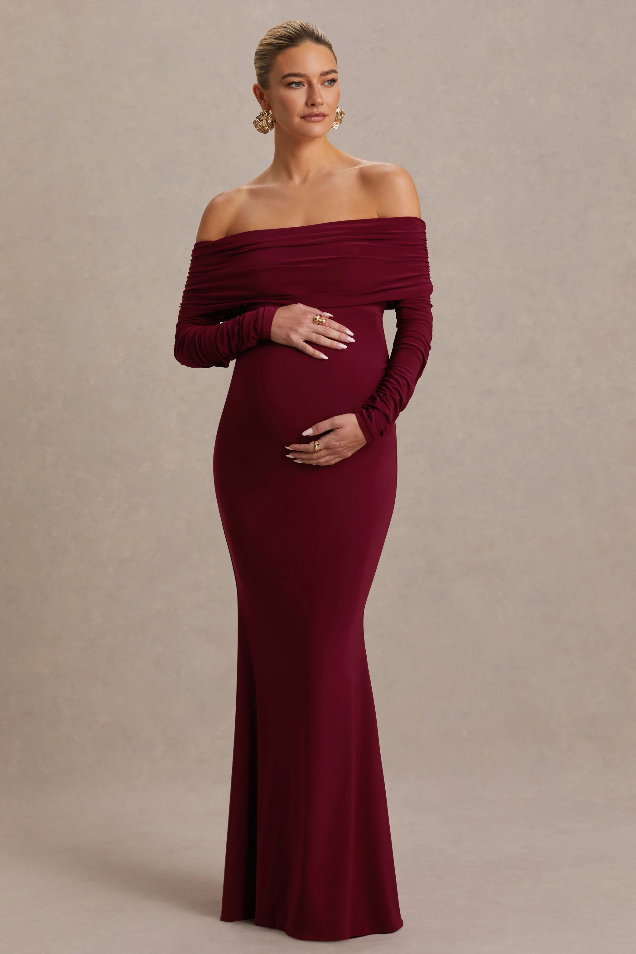 Odessa | Berry Bardot-Neck Maternity Maxi Dress