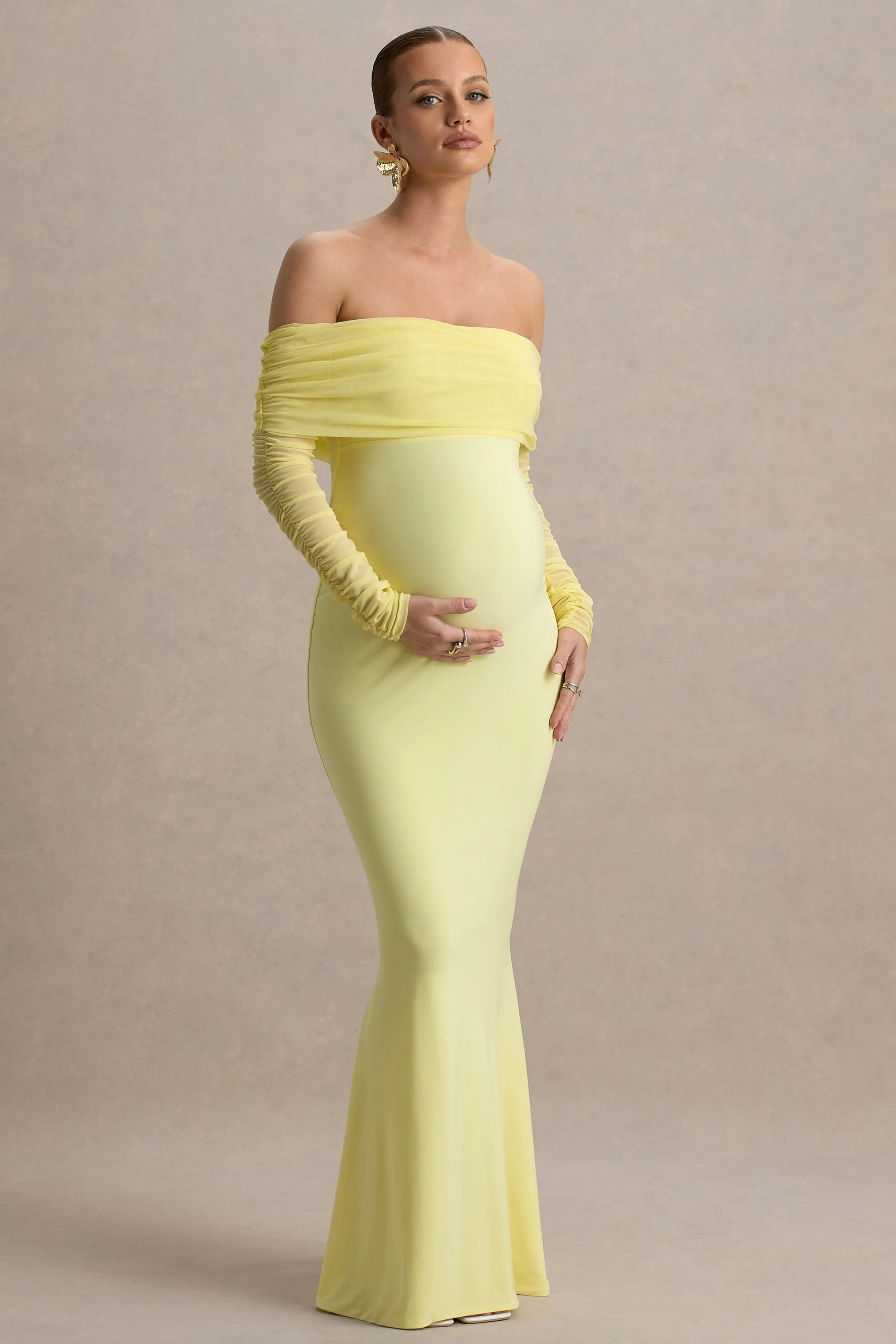 Pretty Perfect | Lemon Maternity Ruched Mesh Bardot Maxi Dres