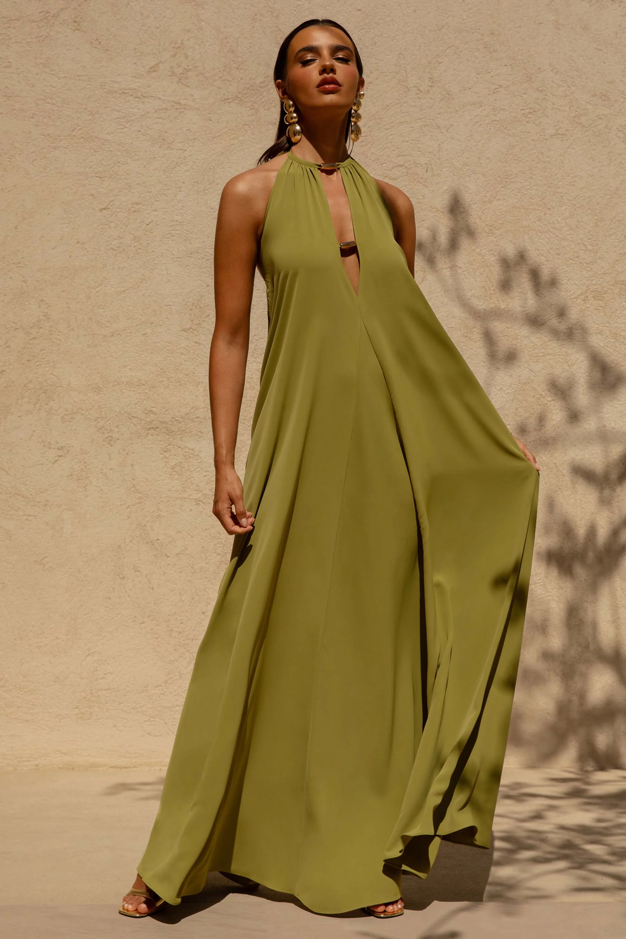 Zyon | Green High-Neck Maxi Dress with Cut-Out Details