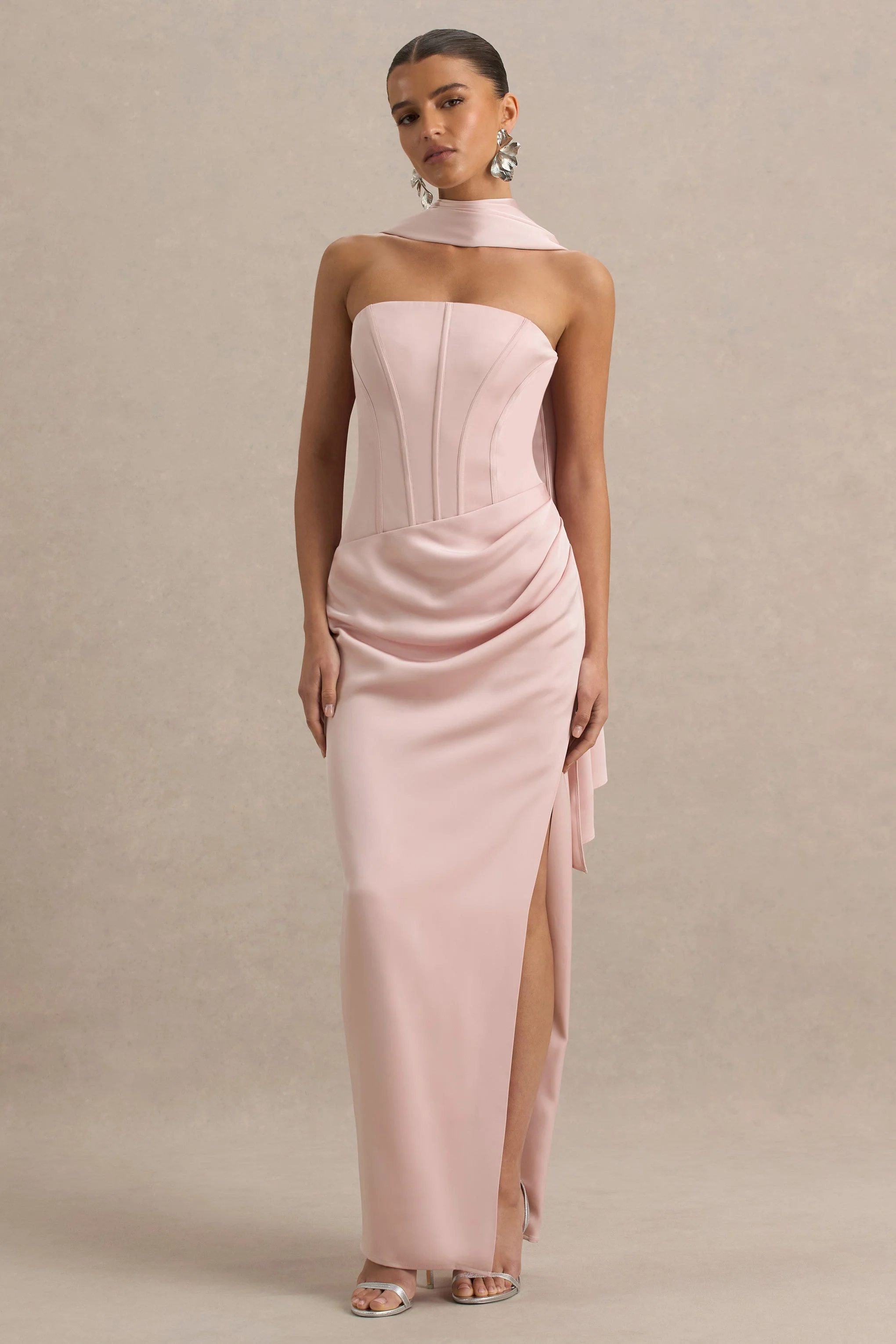 Joseline | Pale Pink Satin Corset Wrap Maxi Dress With Scarf