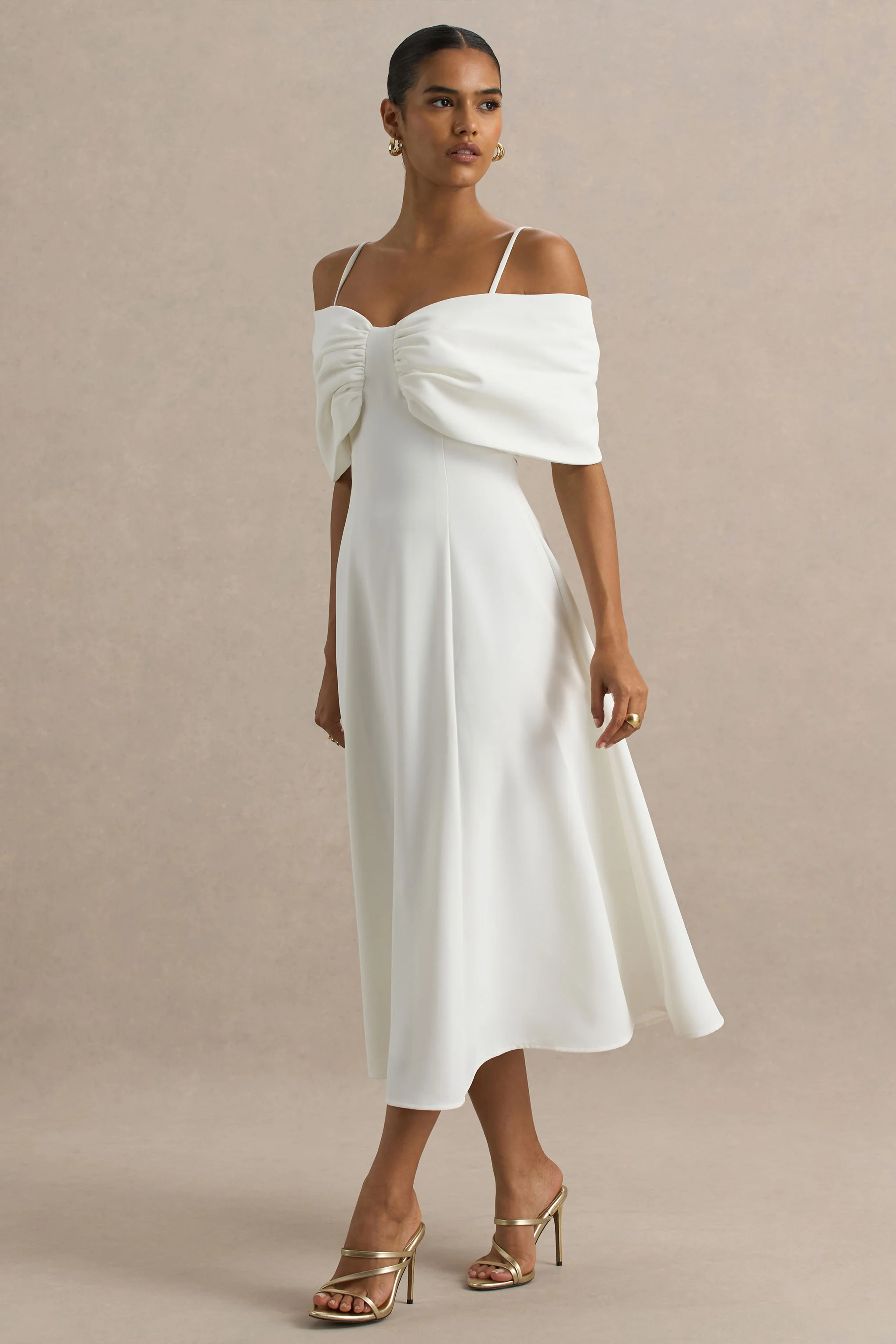 Hettie | White Short-Sleeve Bardot Midi Dress With Bow Detail